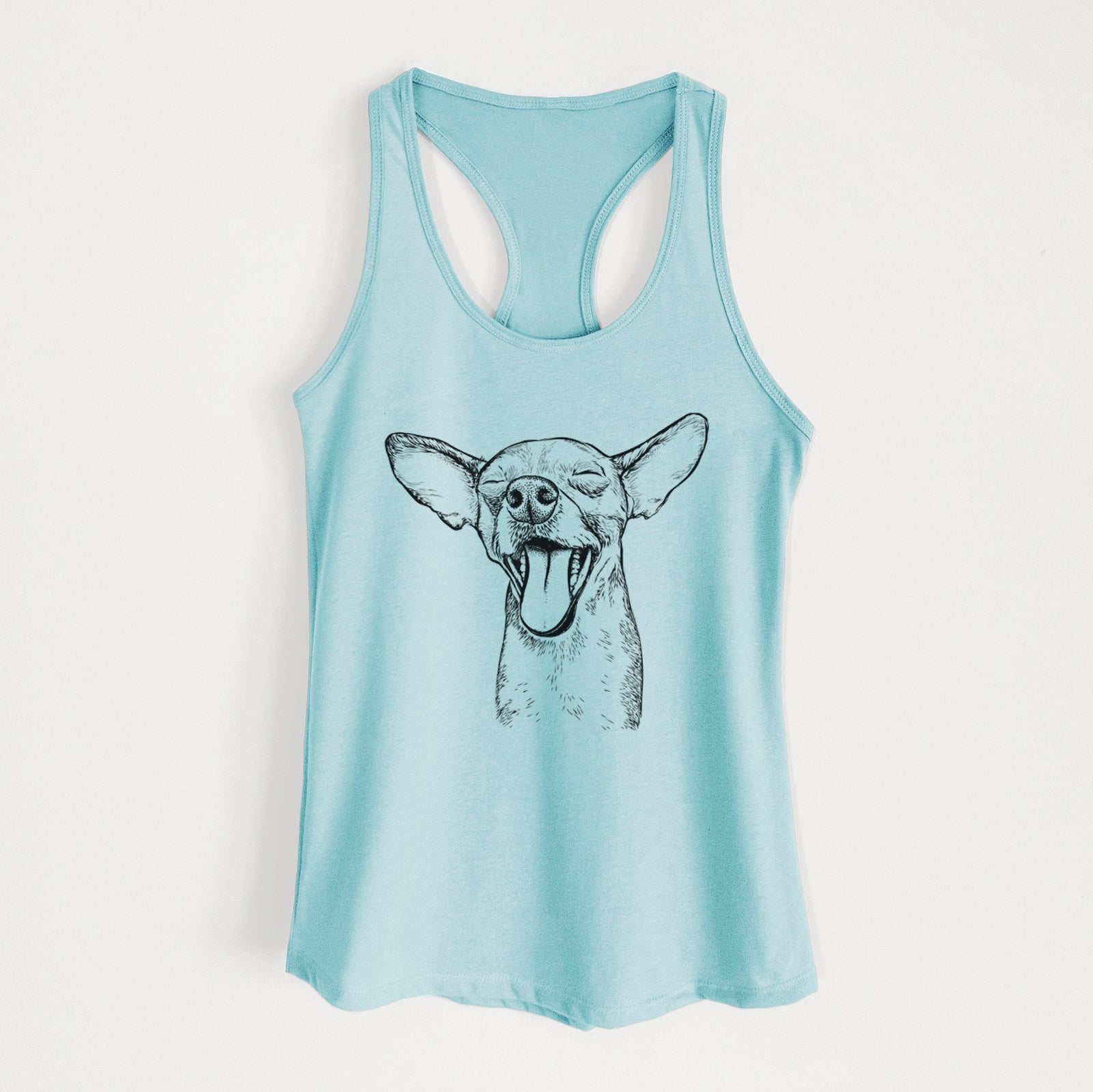 Hand-drawn sketch of SweetBailey the Chihuahua Mix on a Cancun Blue Women's racerback tanktop