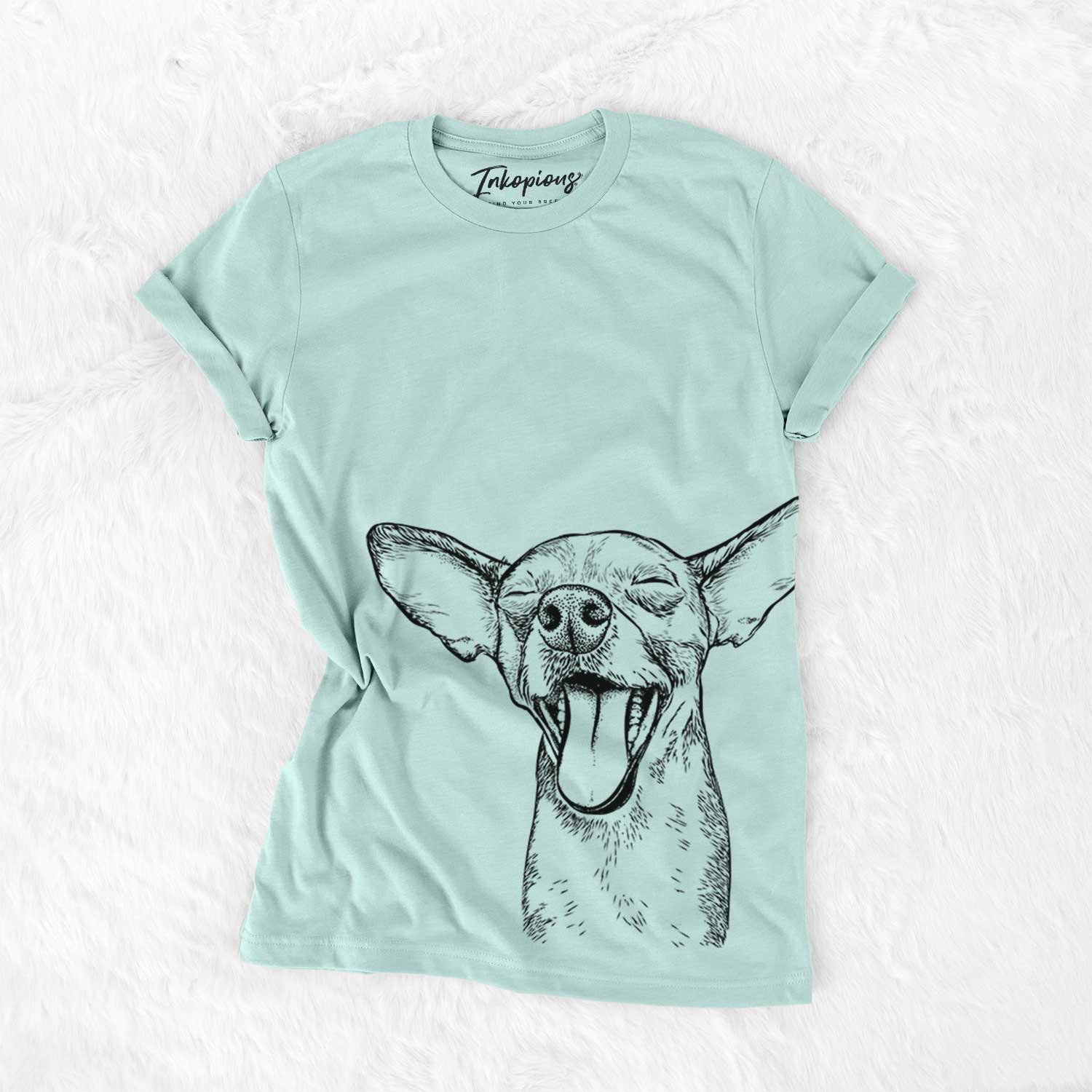 Hand-drawn sketch of Sweet Bailey the Chihuahua Mix on a Heather Sage Bella Canvas Unisex Crewneck
