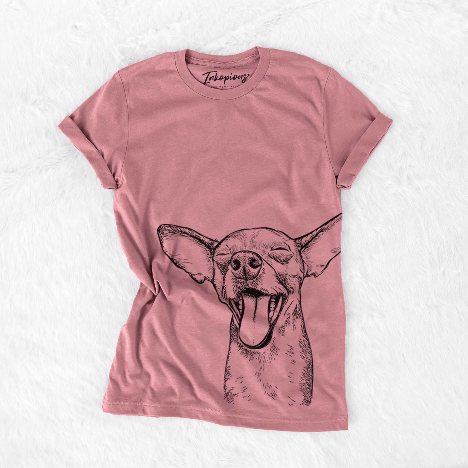 Hand-drawn sketch of Sweet Bailey the Chihuahua Mix on a Mauve Bella Canvas Unisex Crewneck