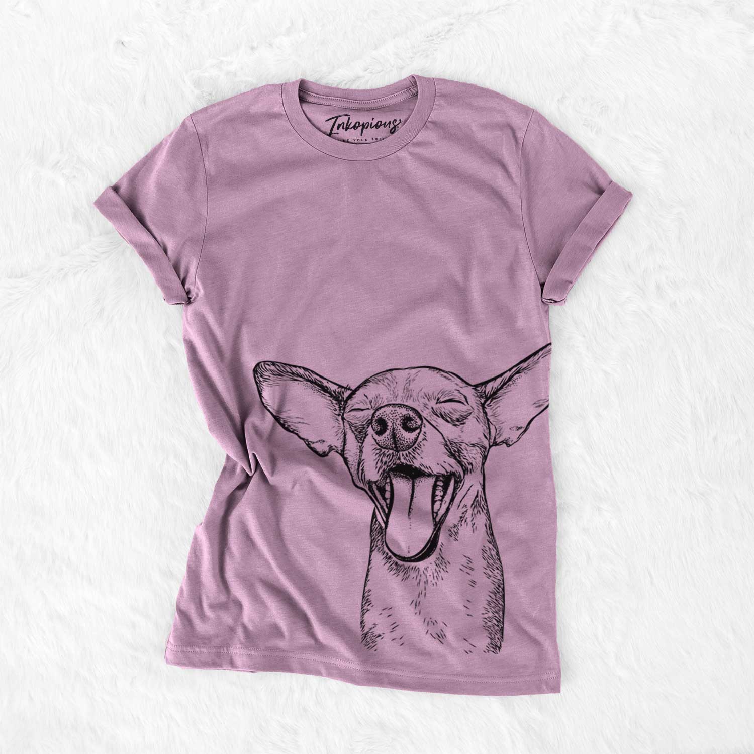 Hand-drawn sketch of Sweet Bailey the Chihuahua Mix on an Orchid Bella Canvas Unisex Crewneck