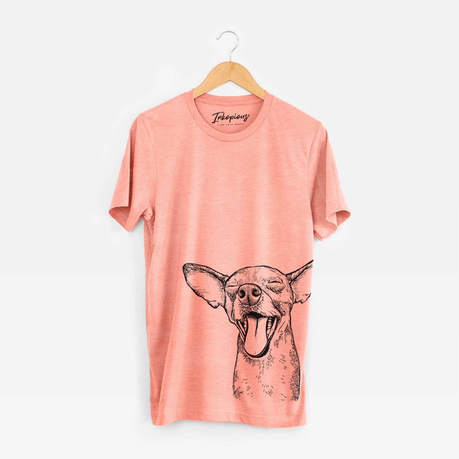 Hand-drawn sketch of Sweet Bailey the Chihuahua Mix on a Sunset Bella Canvas Unisex Crewneck