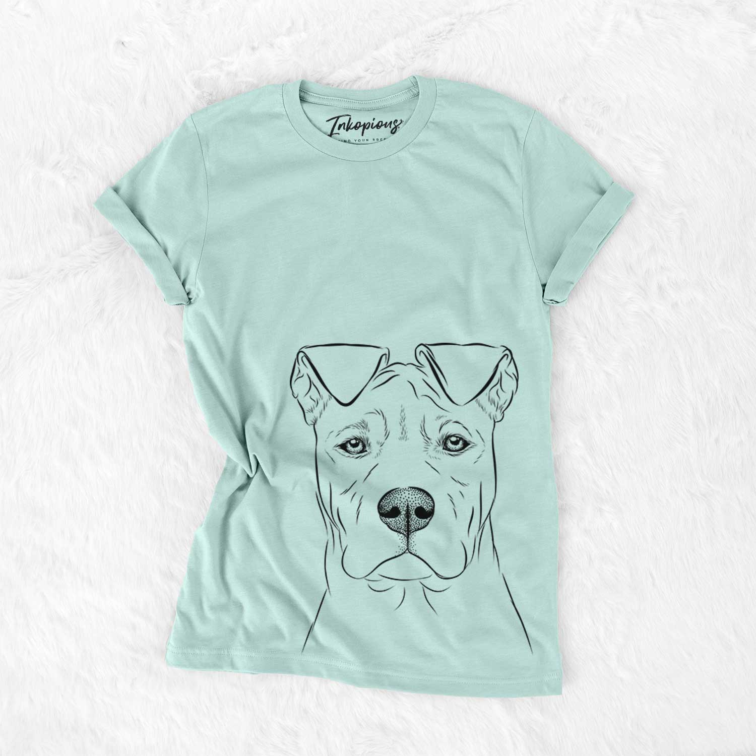 Hand-drawn sketch of Sweet Finn the Mixed Breed on a Heather Sage Bella Canvas Unisex Crewneck