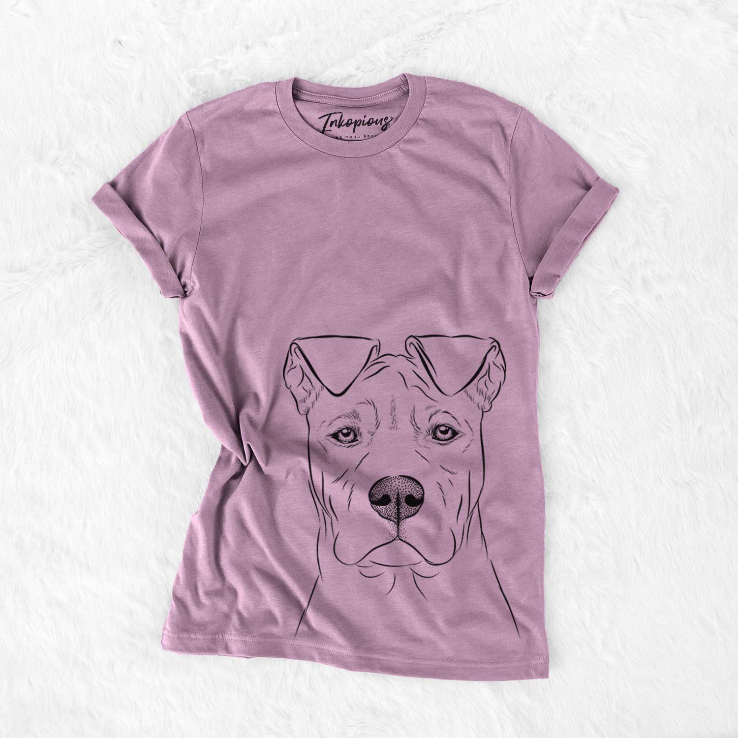 Hand-drawn sketch of Sweet Finn the Mixed Breed on an Orchid Bella Canvas Unisex Crewneck