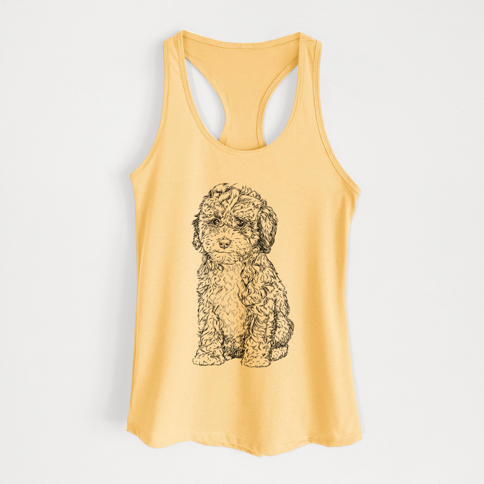 Hand-drawn sketch of Sweet Tea the Mini Doodle on a Banana Cream Women's racerback tanktop