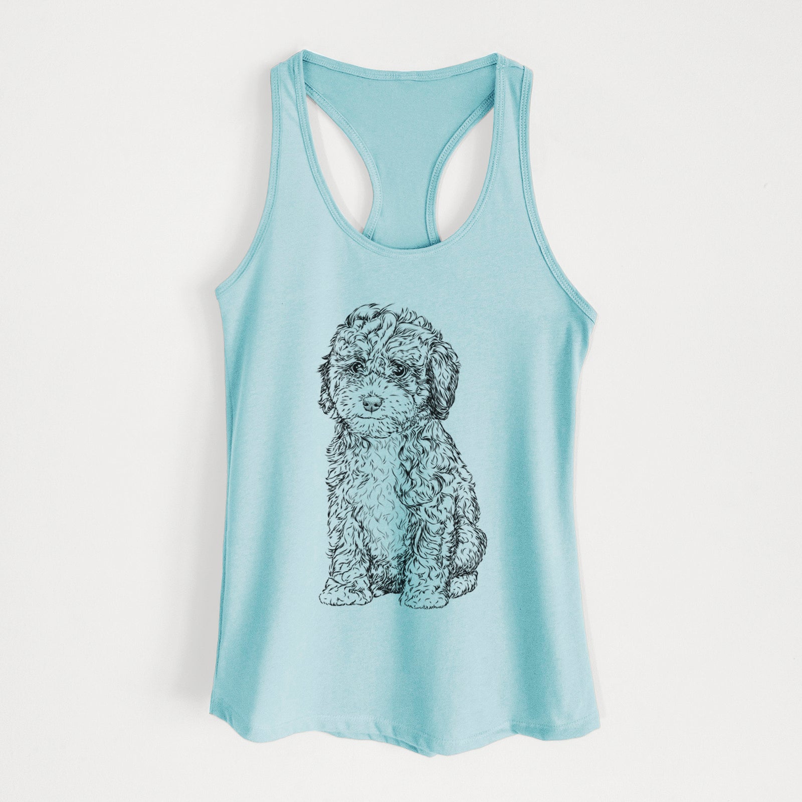 Hand-drawn sketch of Sweet Tea the Mini Doodle on a Cancun Blue Women's racerback tanktop