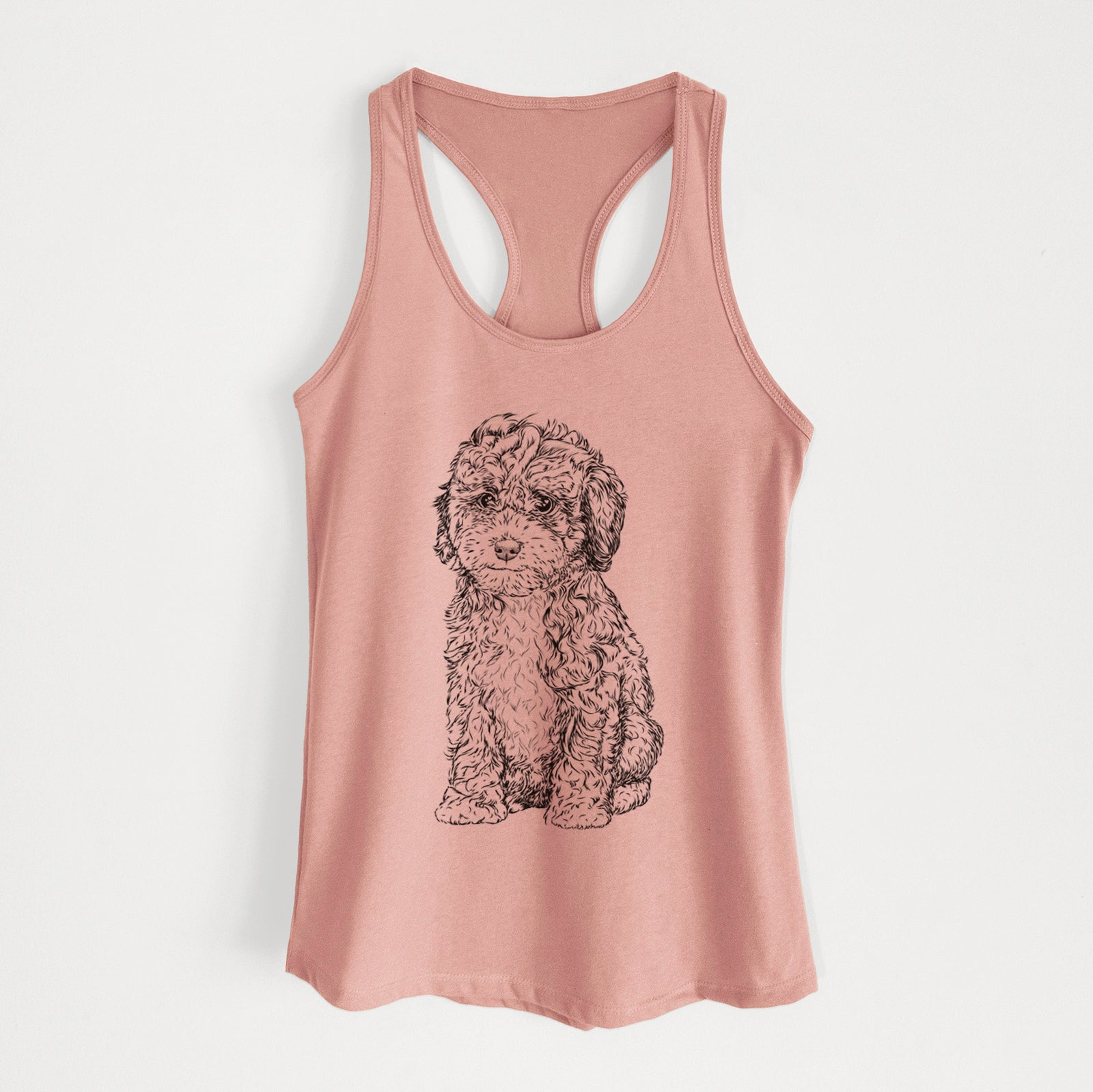 Hand-drawn sketch of Sweet Tea the Mini Doodle on a Desert Pink Women's racerback tanktop
