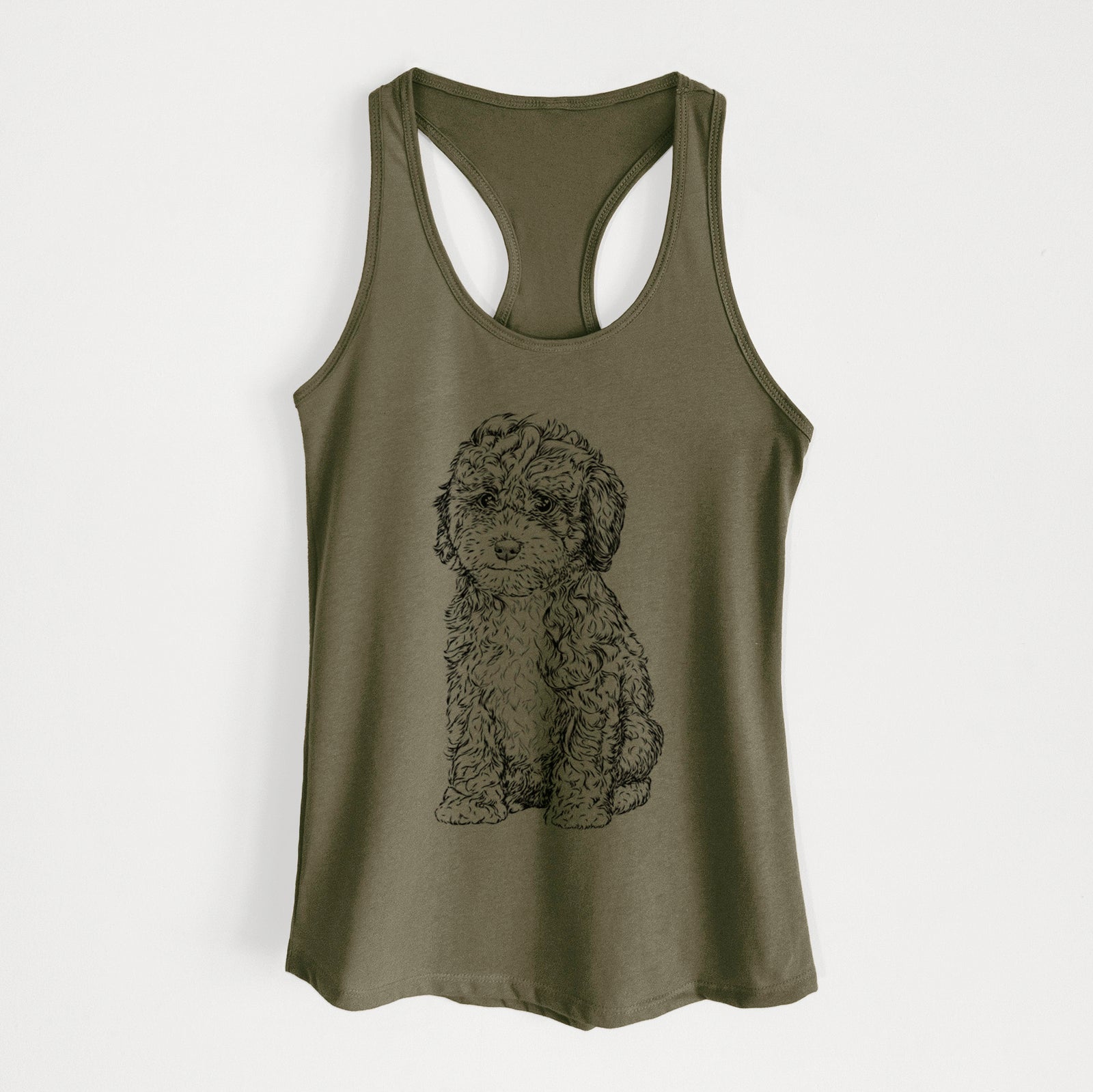 Hand-drawn sketch of Sweet Tea the Mini Doodle on a Military Green Women's racerback tanktop