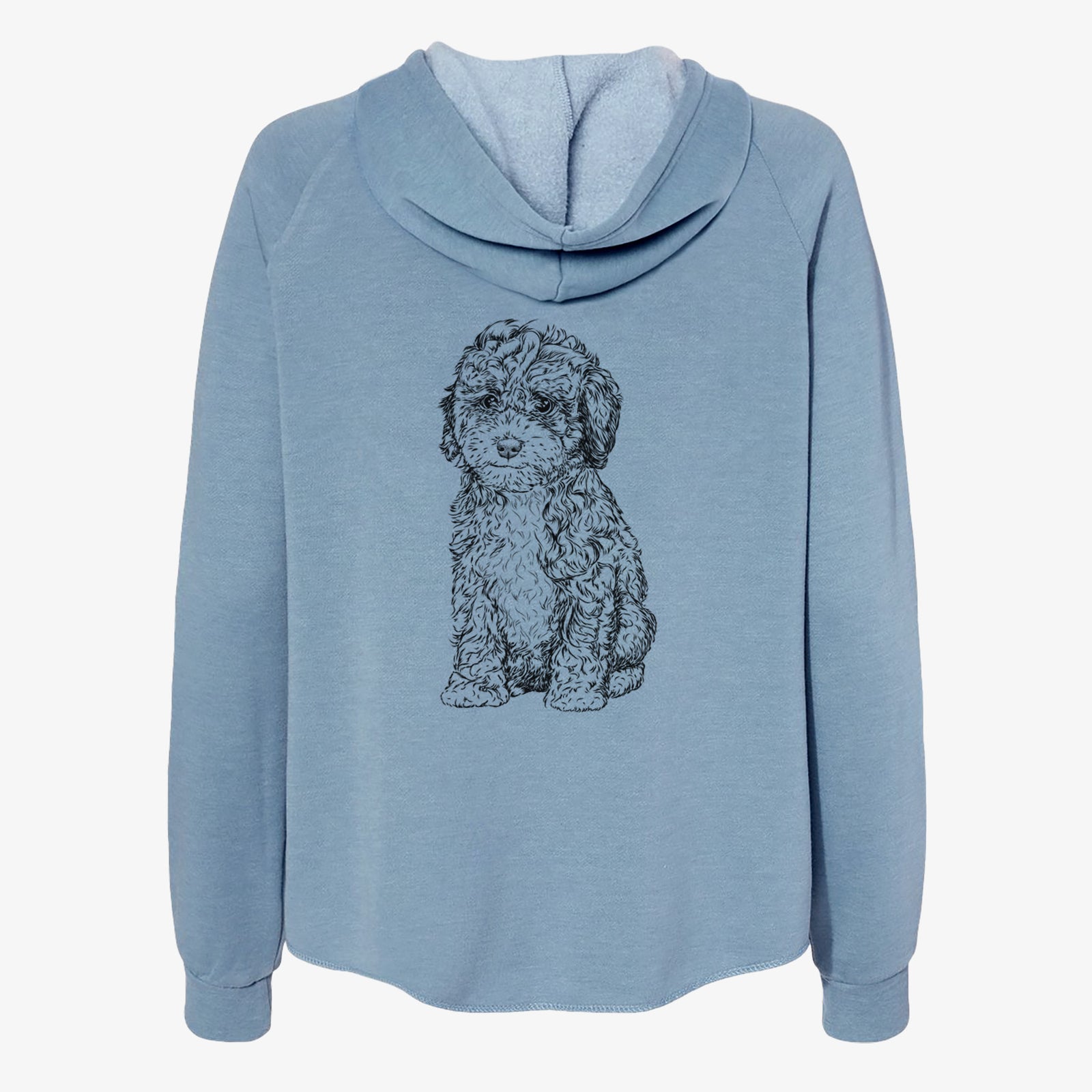 Hand-drawn sketch of Sweet Tea the Mini Doodle on a Misty Blue Women's cali wave zip-up sweatshirt