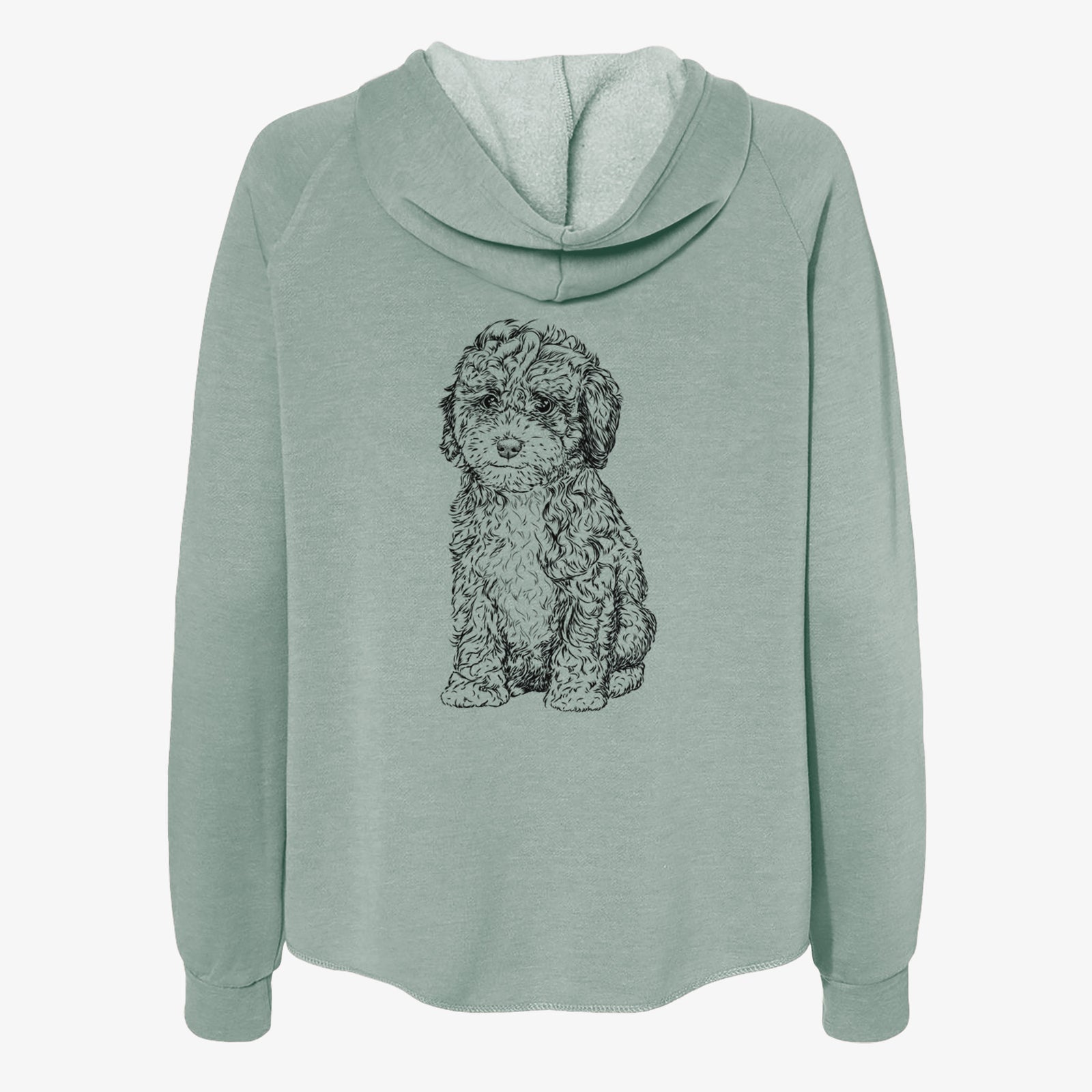 Hand-drawn sketch of Sweet Tea the Mini Doodle on a Sage Women's cali wave zip-up sweatshirt