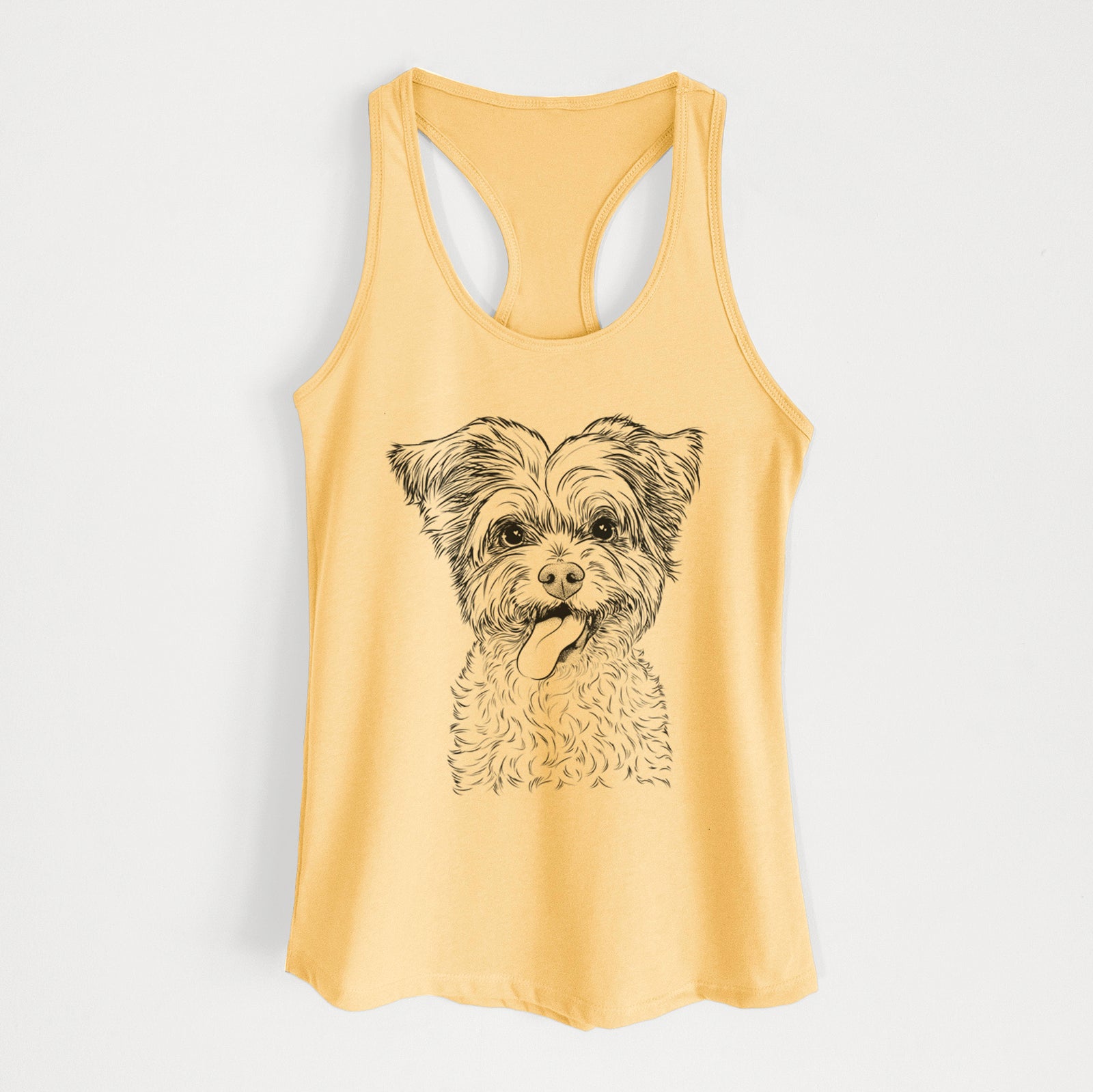 Hand-drawn sketch of Sweetie the Terrier Mix on a Banana Cream Women's racerback tanktop