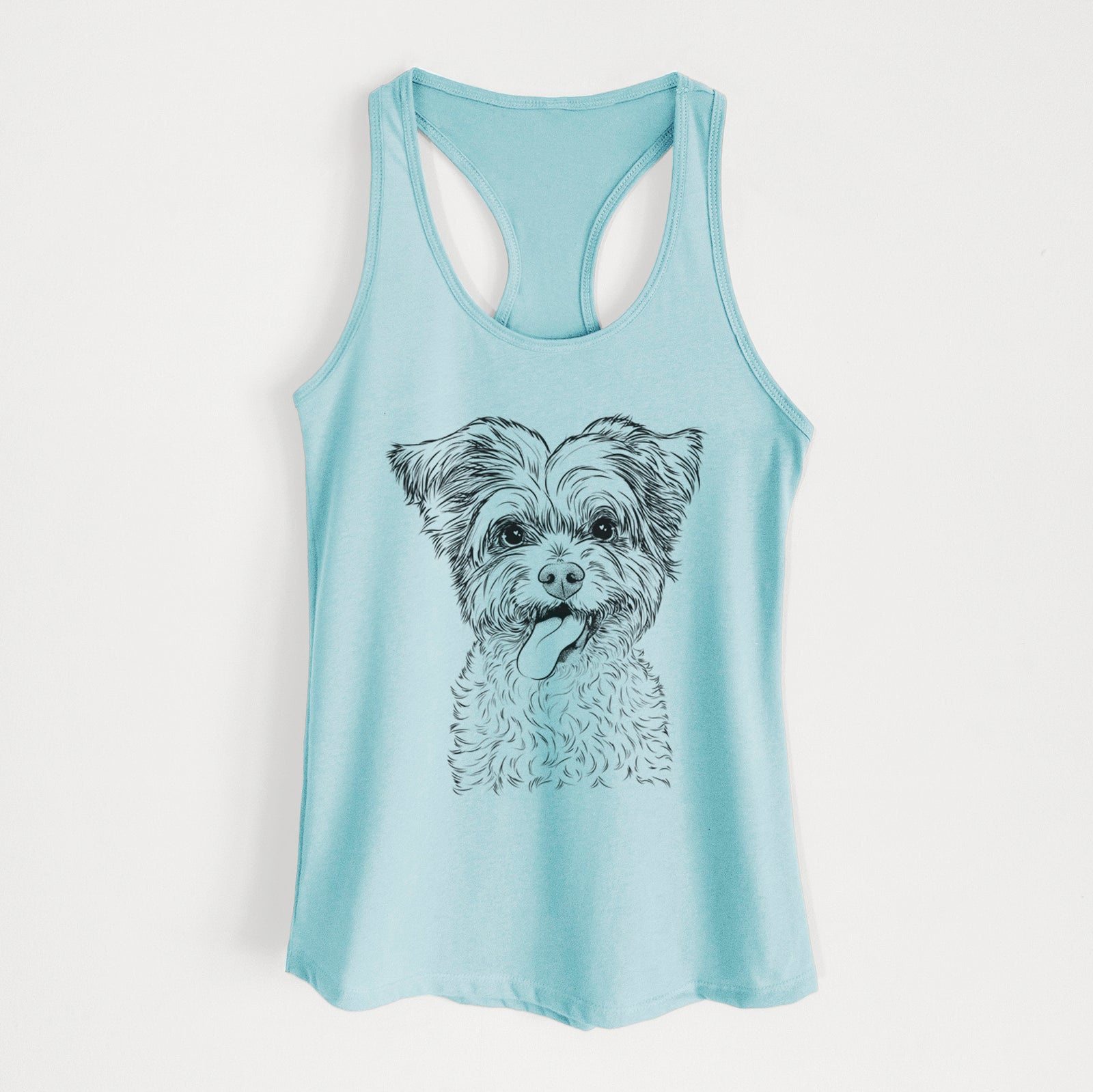 Hand-drawn sketch of Sweetie the Terrier Mix on a Cancun Blue Women's racerback tanktop