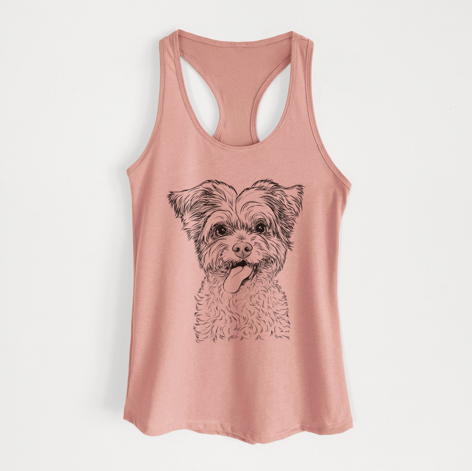 Hand-drawn sketch of Sweetie the Terrier Mix on a Desert Pink Women's racerback tanktop