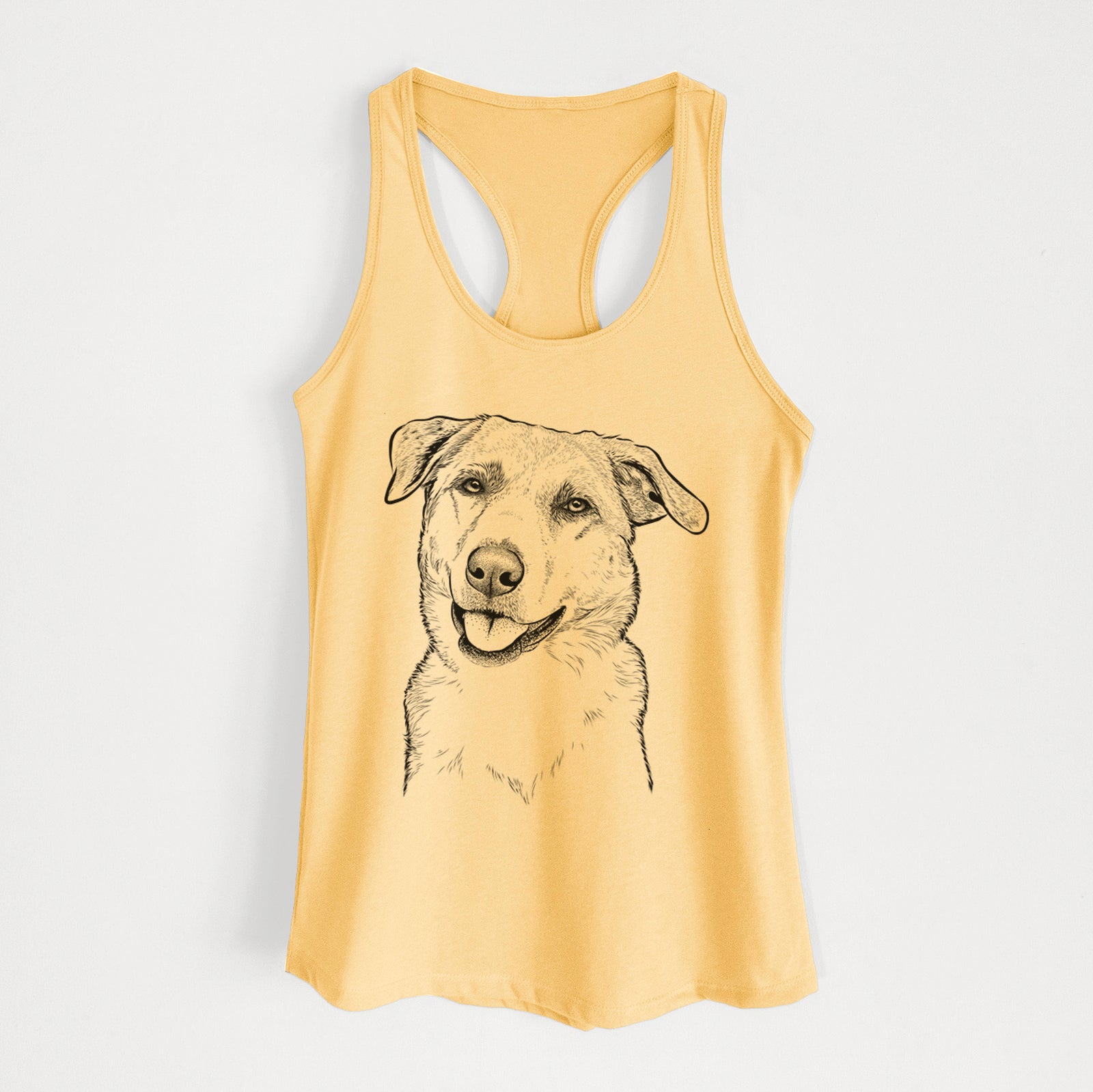 Hand-drawn sketch of Sydney the Great Pyrenees Australian Shepherd Mix on a Banana Cream Women's racerback tanktop