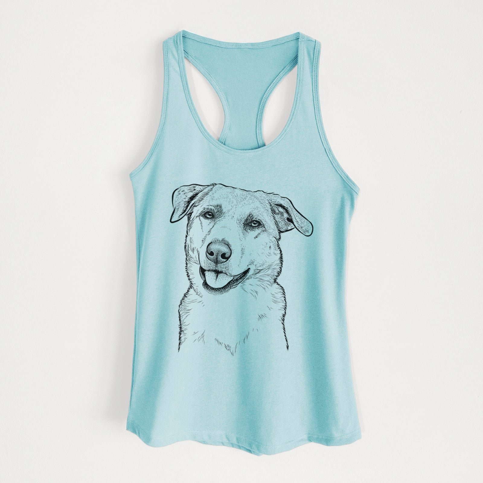 Hand-drawn sketch of Sydney the Great Pyrenees Australian Shepherd Mix on a Cancun Blue Women's racerback tanktop