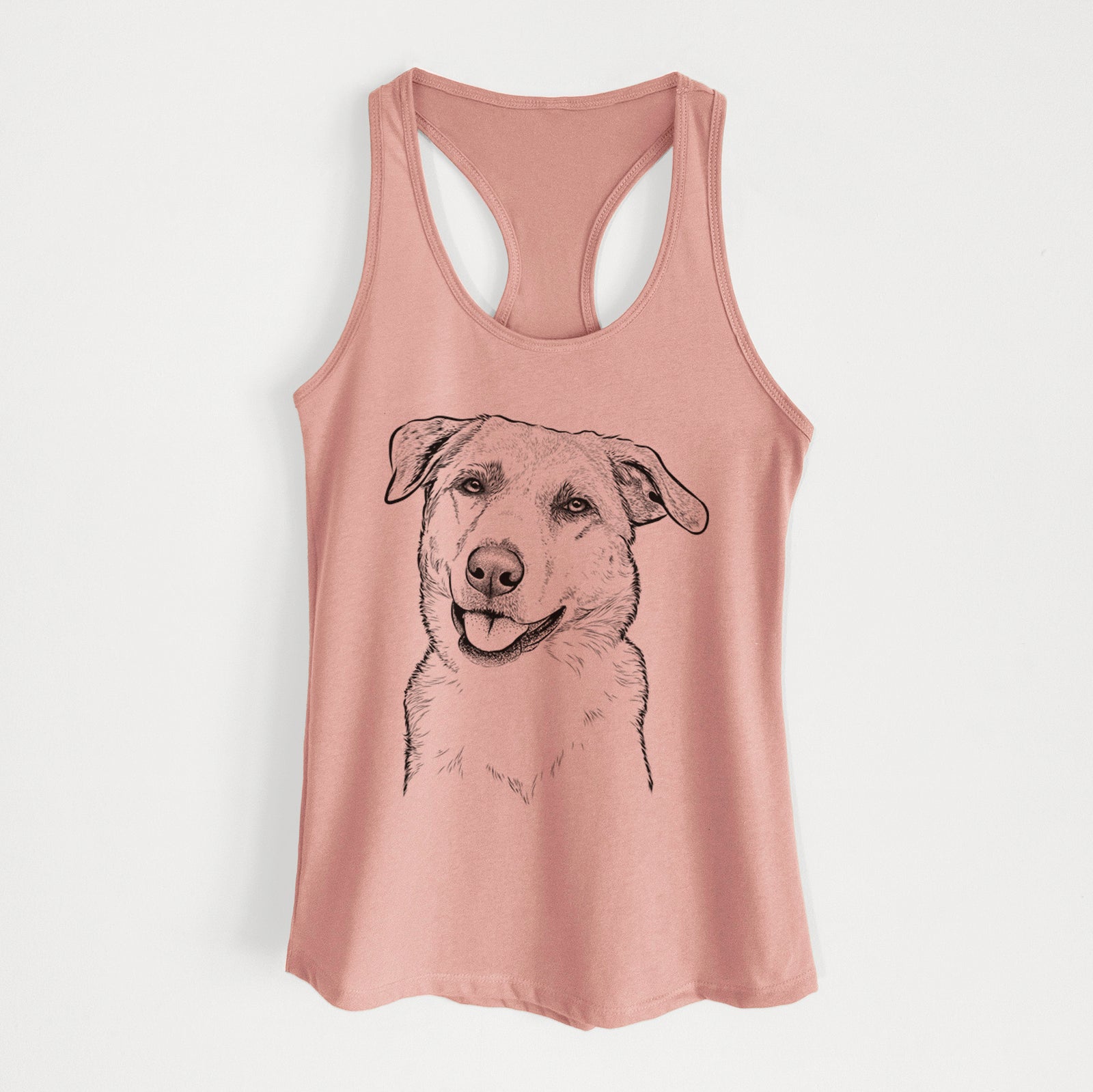 Hand-drawn sketch of Sydney the Great Pyrenees Australian Shepherd Mix on a Desert Pink Women's racerback tanktop