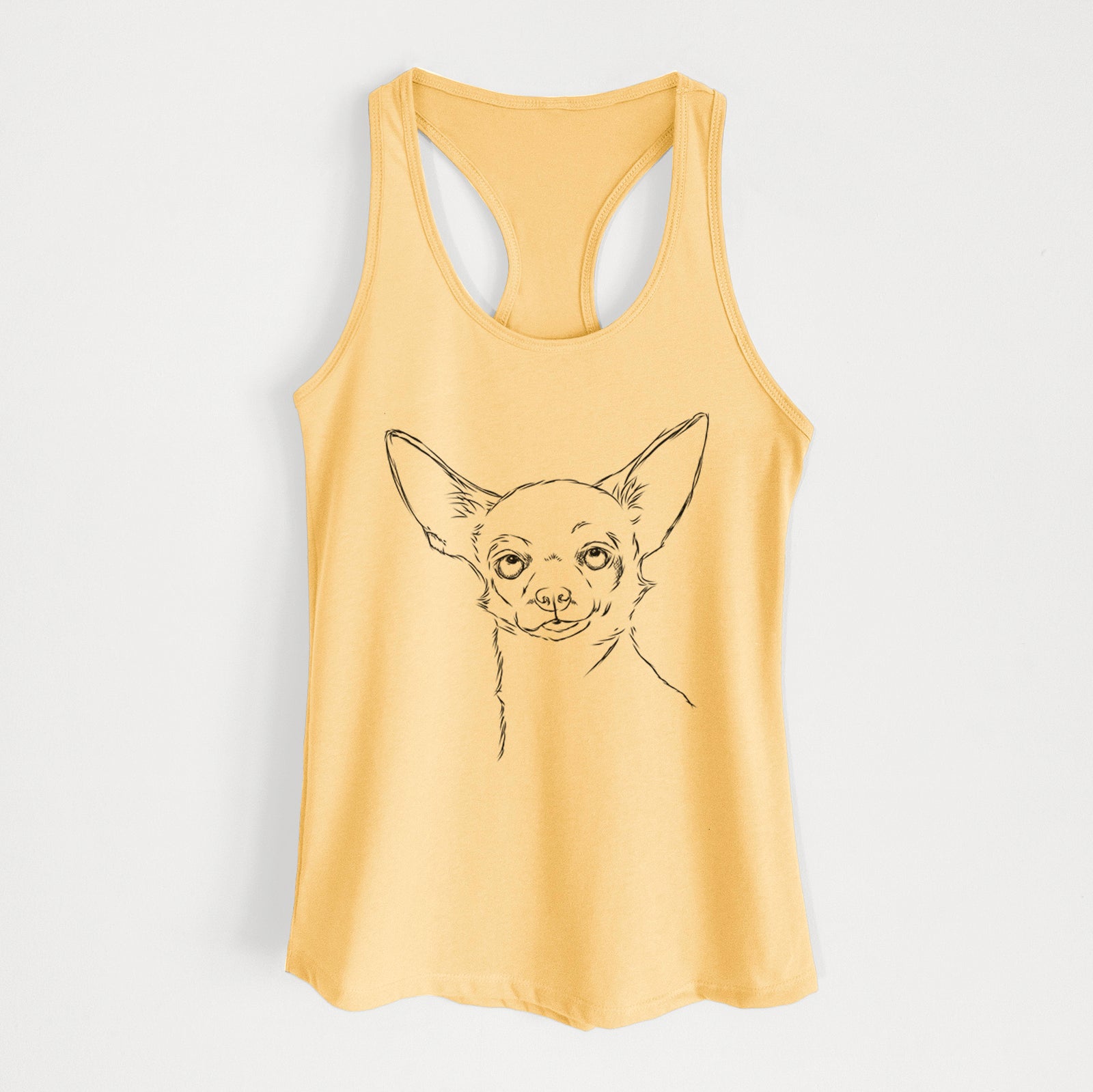 Hand-drawn sketch of Tabitha the Chihuahua on a Banana Cream Women's racerback tanktop