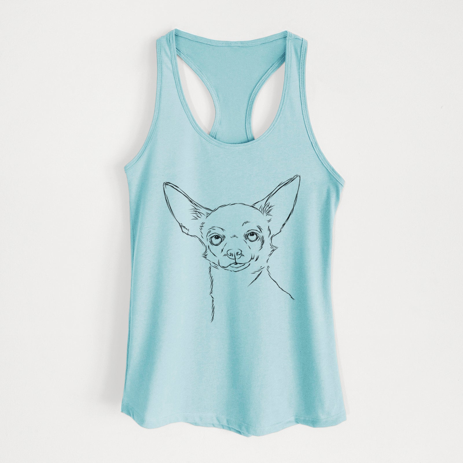 Hand-drawn sketch of Tabitha the Chihuahua on a Cancun Blue Women's racerback tanktop