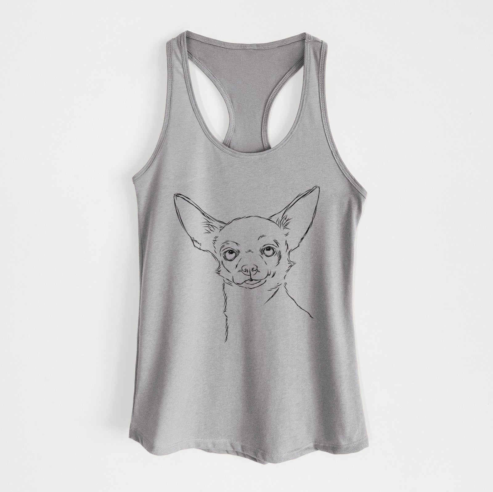 Hand-drawn sketch of Tabitha the Chihuahua on a Heather Grey Women's racerback tanktop