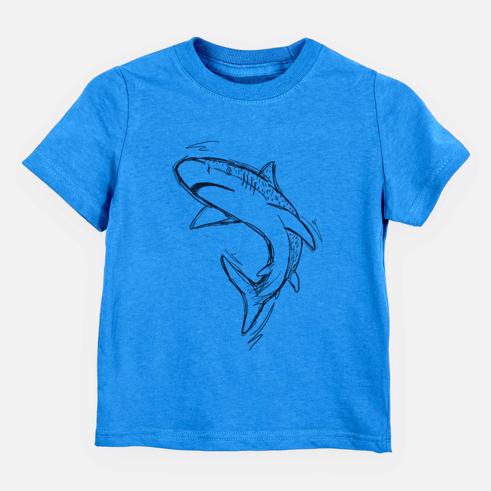Hand-drawn sketch of Tauro the Tiger Shark on a Blue kids' shirt