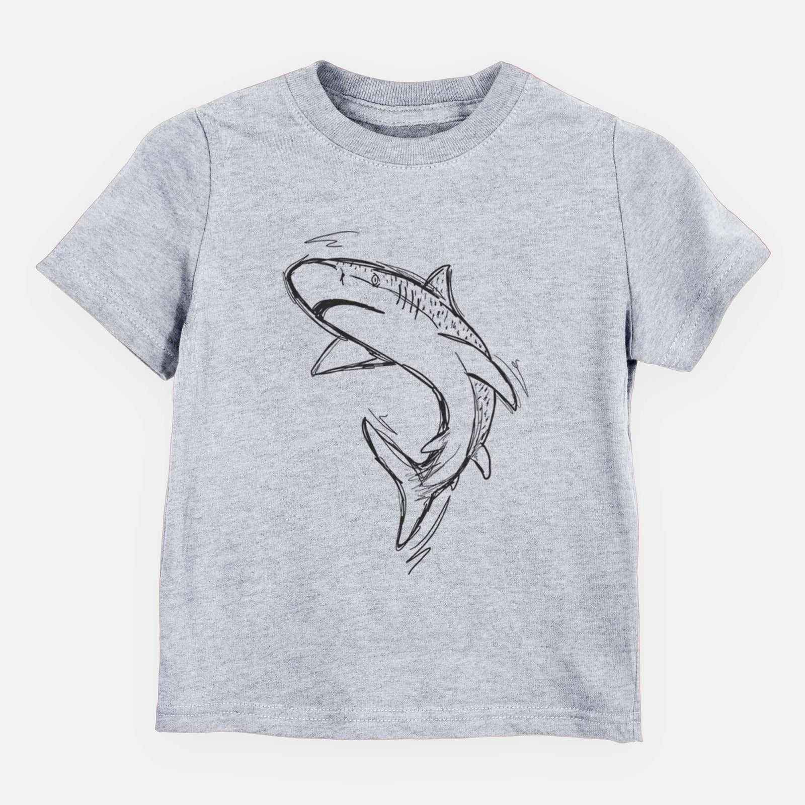 Hand-drawn sketch of Tauro the Tiger Shark on a Grey kids' shirt