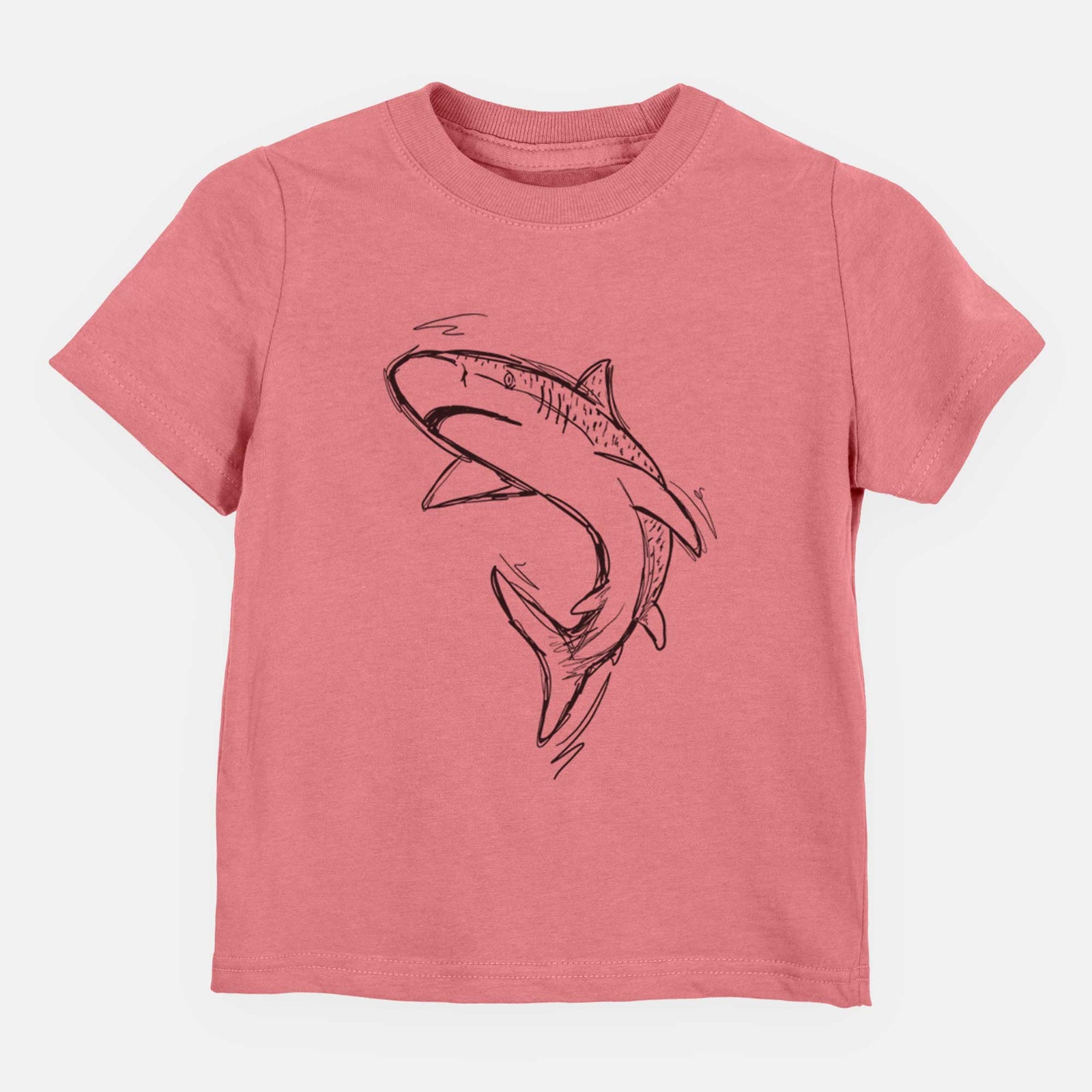 Hand-drawn sketch of Tauro the Tiger Shark on a Mauve kids' shirt
