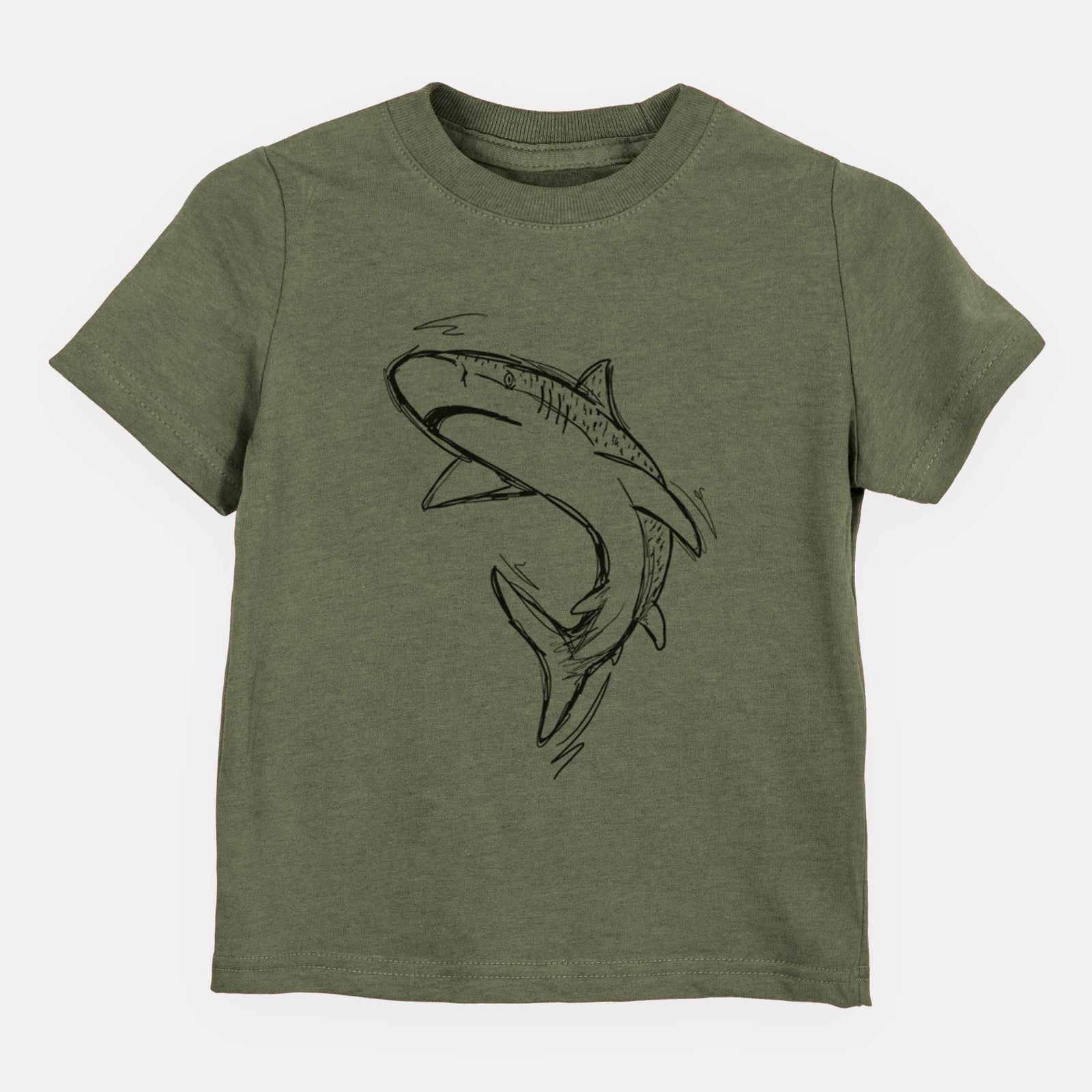 Hand-drawn sketch of Tauro the Tiger Shark on an Olive kids' shirt