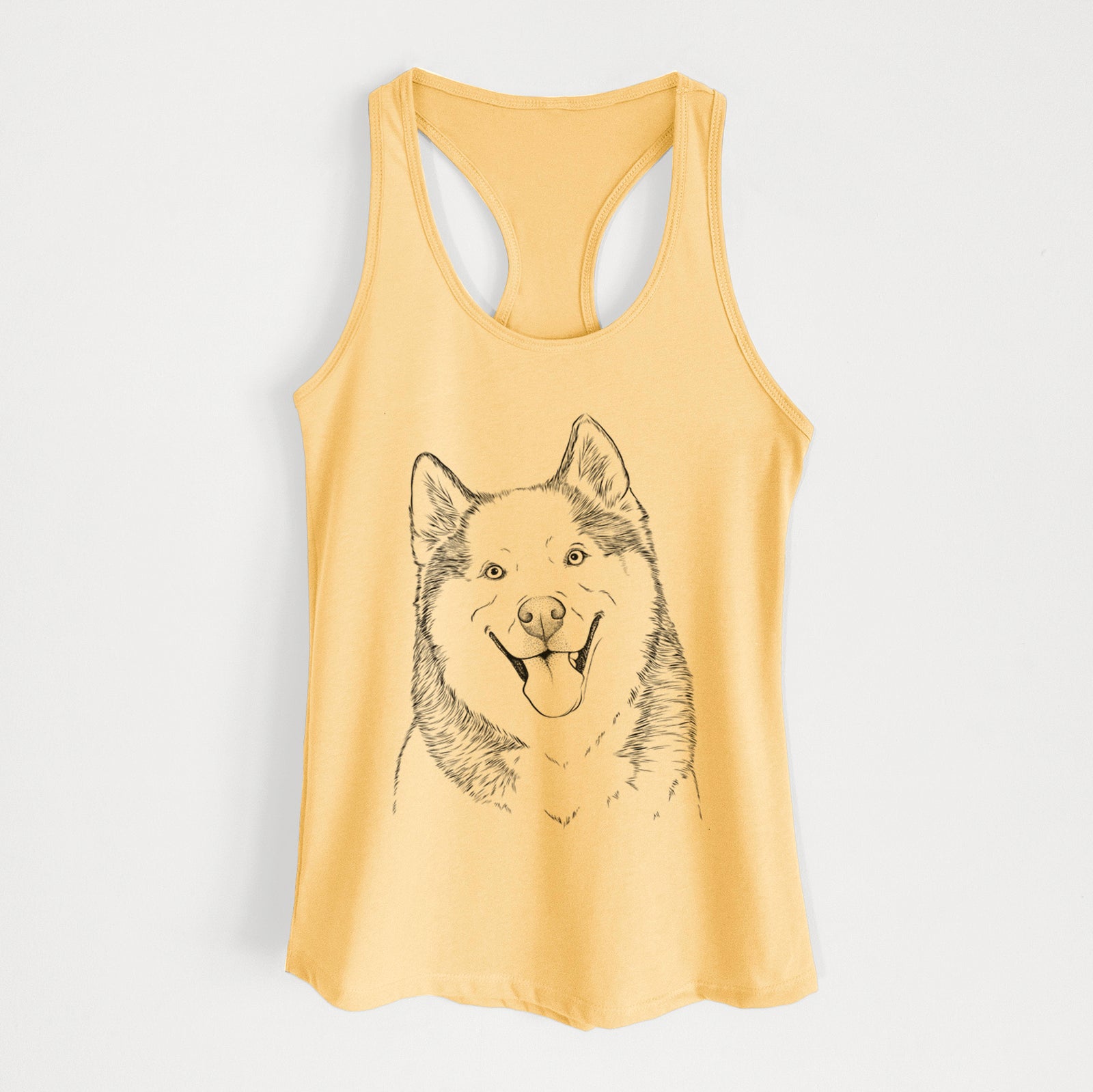 Hand-drawn sketch of Teak the Siberian Husky on a Banana Cream Women's racerback tanktop