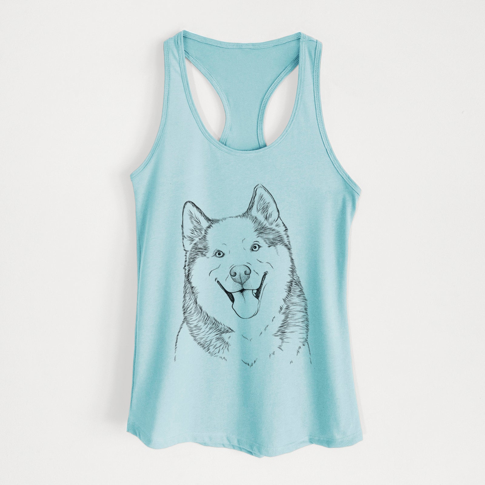 Hand-drawn sketch of Teak the Siberian Husky on a Cancun Blue Women's racerback tanktop