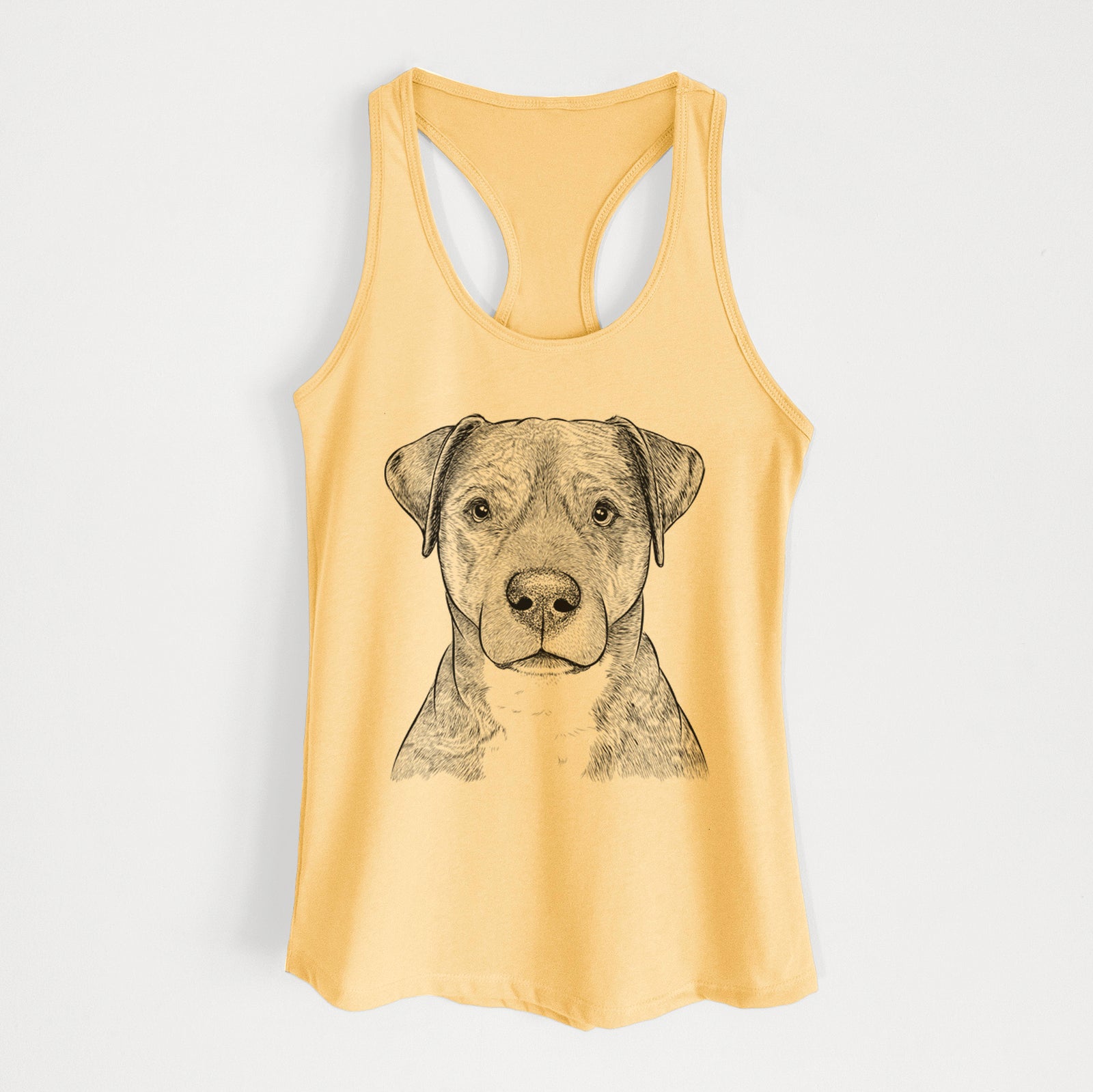 Hand-drawn sketch of TedE the Mixed Breed on a Banana Cream Women's racerback tanktop