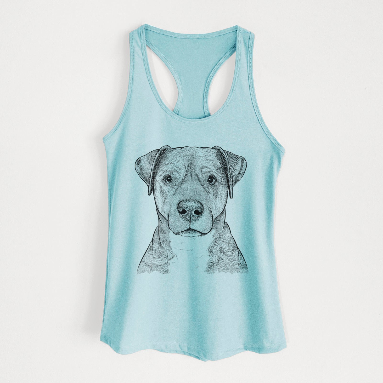 Hand-drawn sketch of TedE the Mixed Breed on a Cancun Blue Women's racerback tanktop