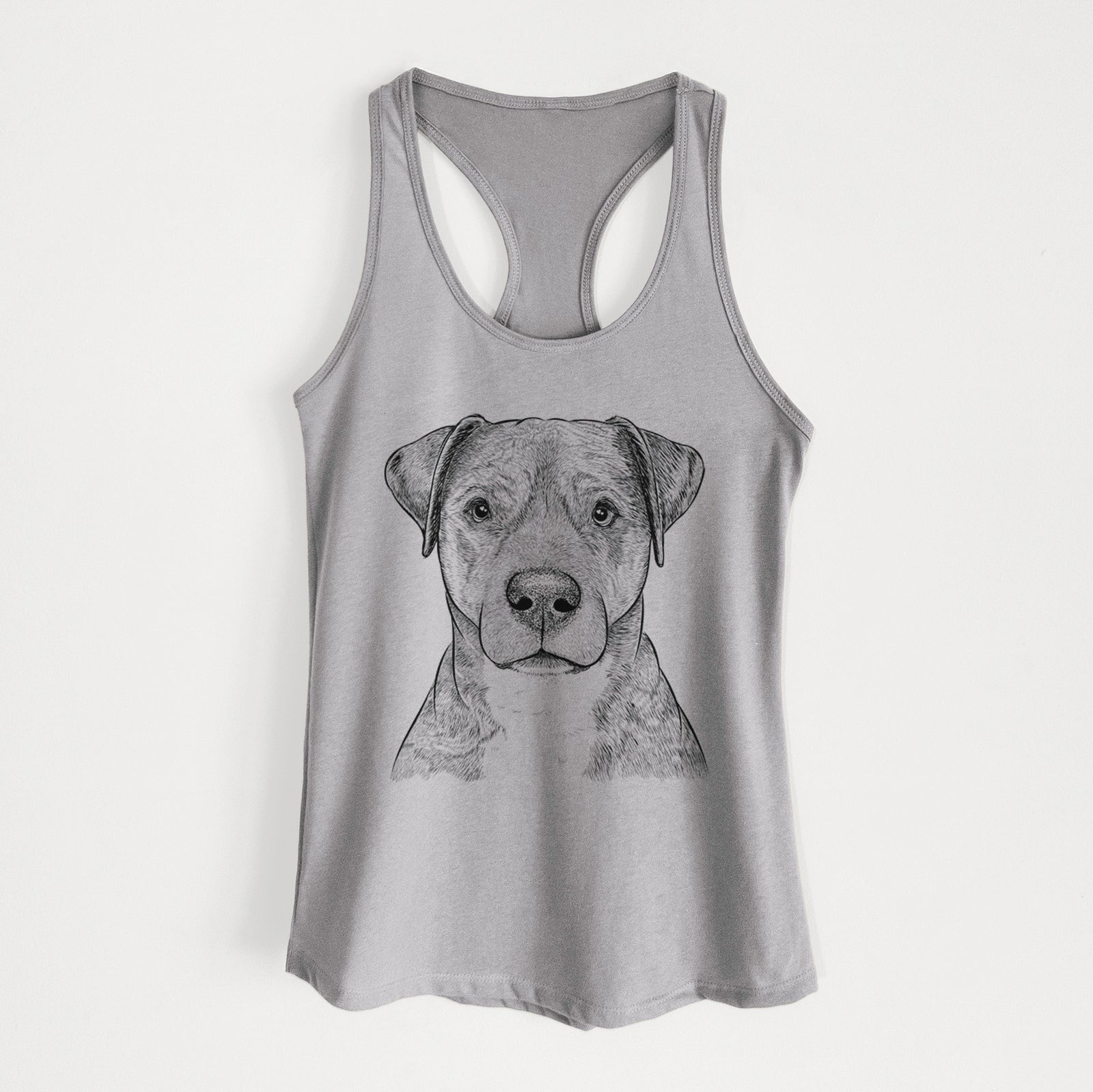 Hand-drawn sketch of TedE the Mixed Breed on a Heather Grey Women's racerback tanktop