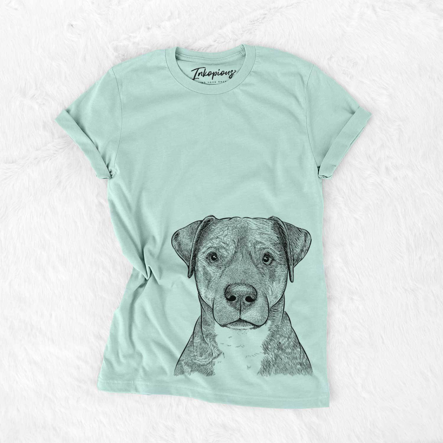Hand-drawn sketch of TedE the Mixed Breed on a Heather Sage Unisex crewneck