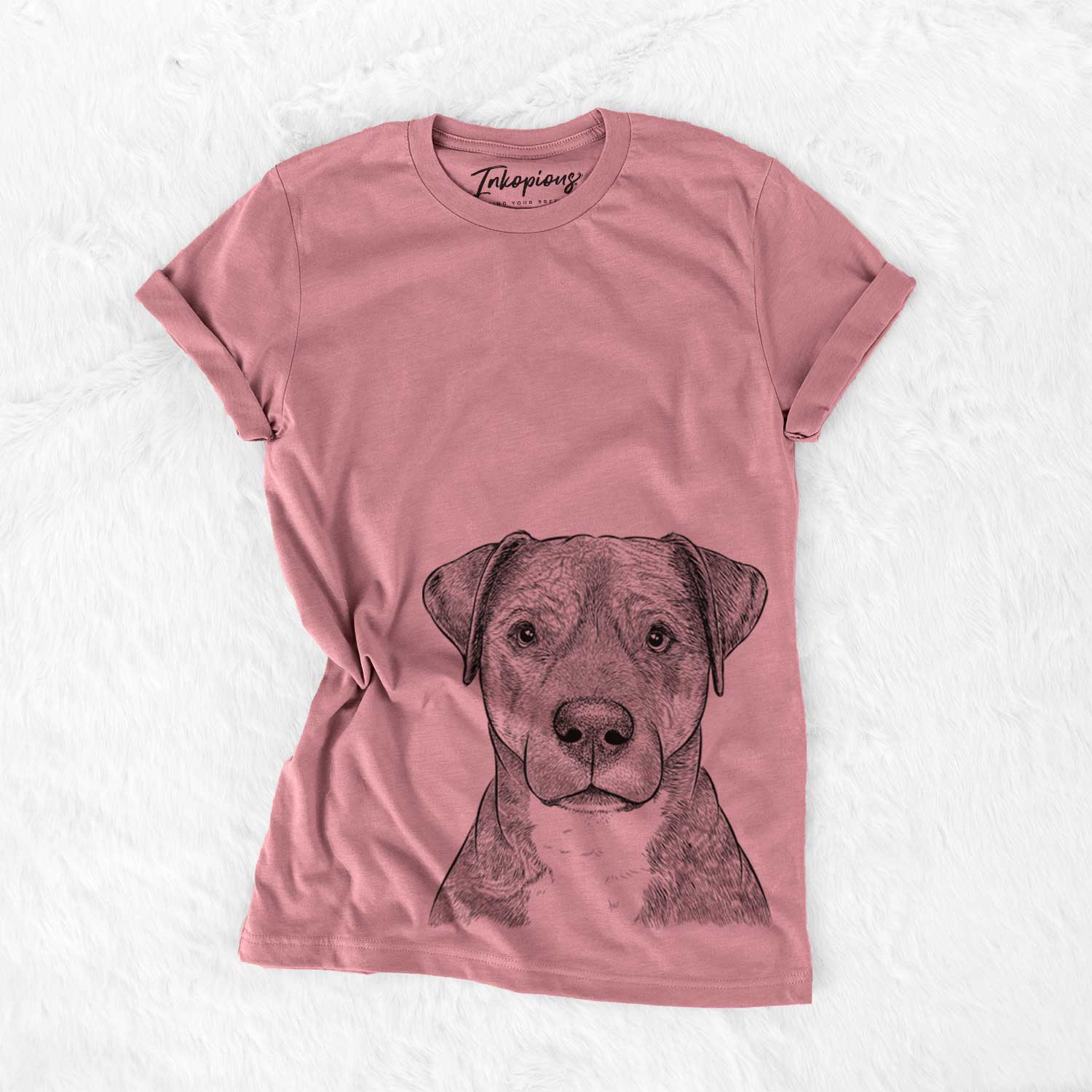 Hand-drawn sketch of TedE the Mixed Breed on a Mauve Unisex crewneck