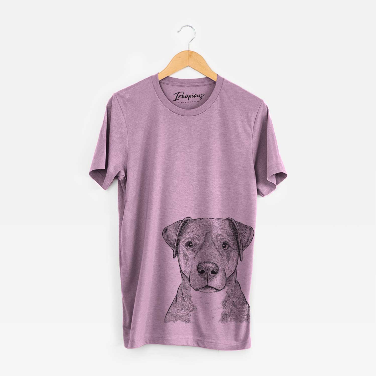 Hand-drawn sketch of TedE the Mixed Breed on an Orchid Unisex crewneck