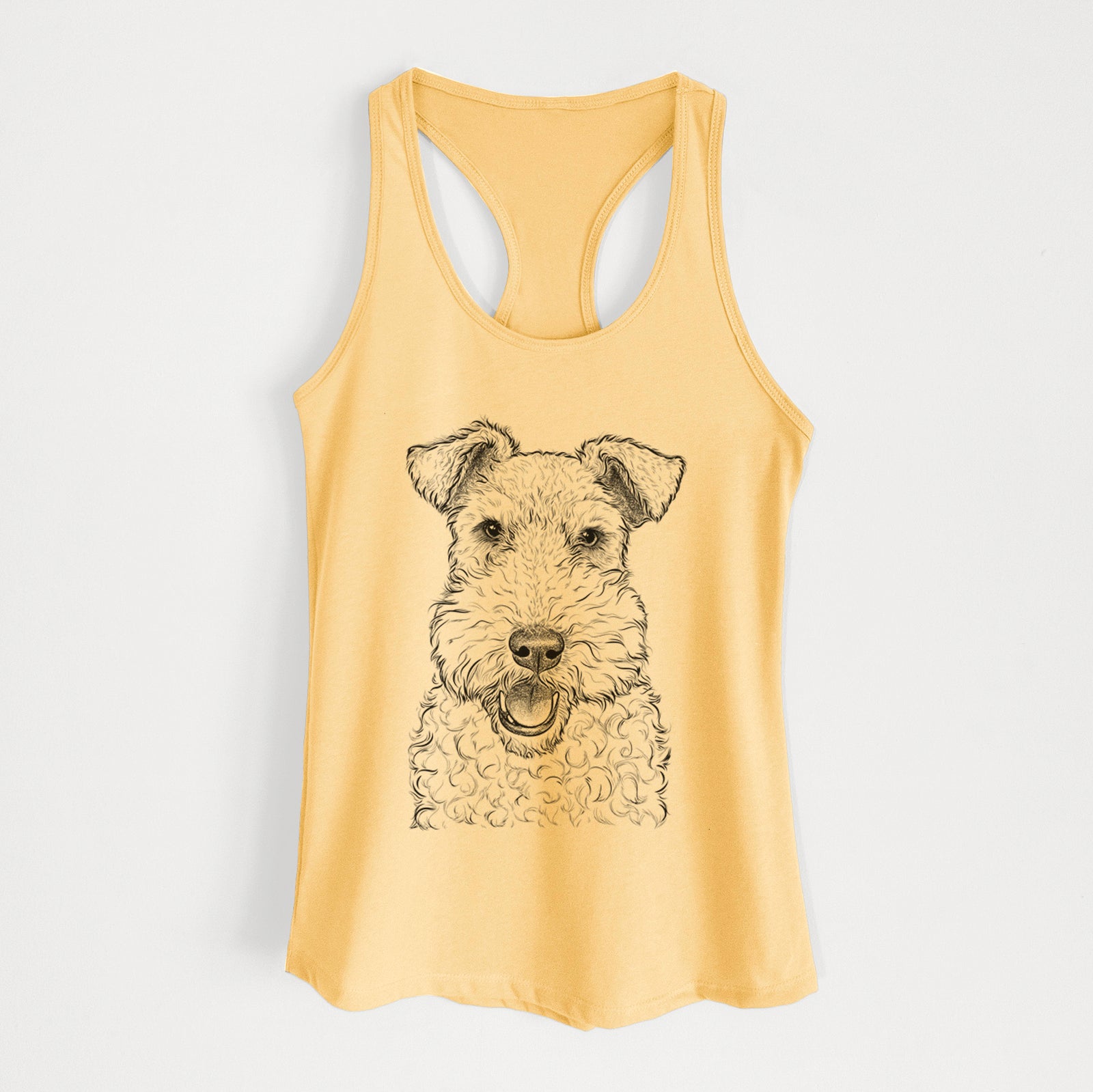 Hand-drawn sketch of Ted the Wire Fox Terrier on a Banana Cream Women's racerback tanktop