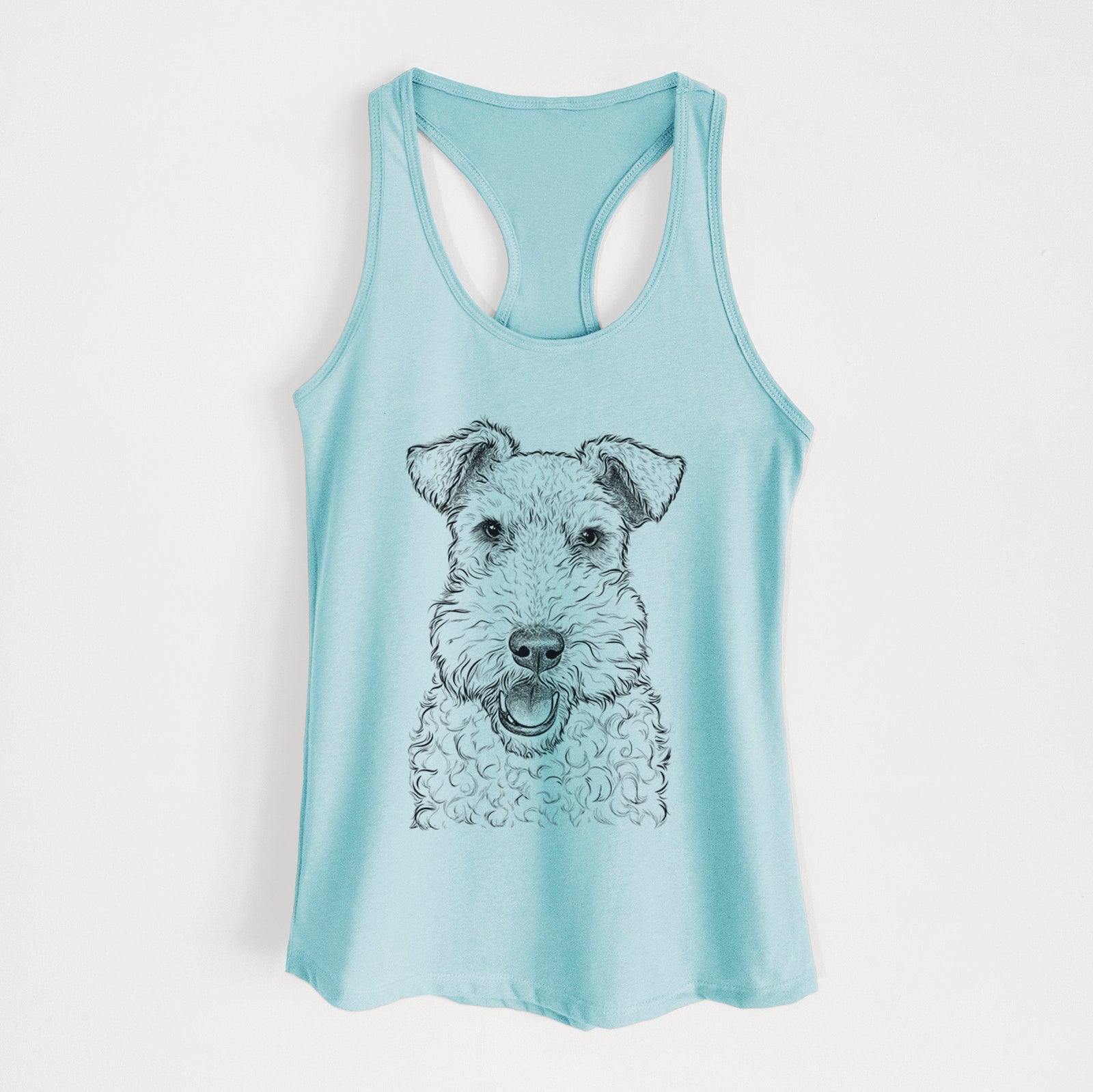 Hand-drawn sketch of Ted the Wire Fox Terrier on a Cancun Blue Women's racerback tanktop
