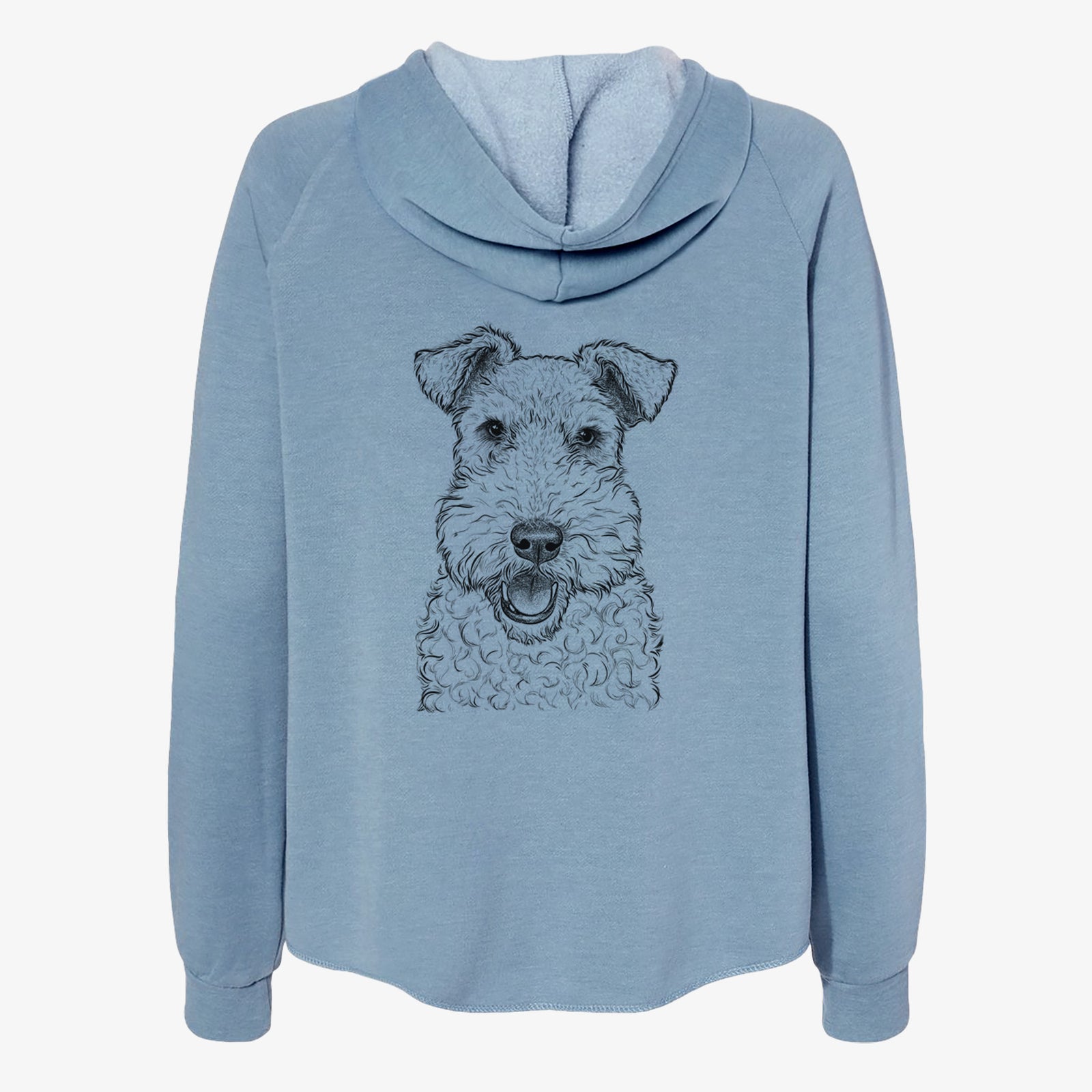 Hand-drawn sketch of Ted the Wire Fox Terrier on a Misty Blue Women's cali wave zip-up sweatshirt