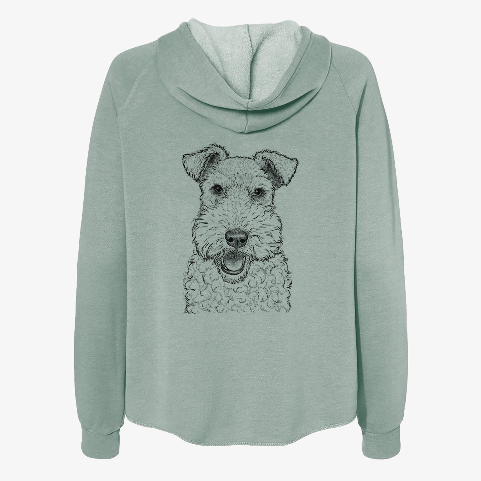 Hand-drawn sketch of Ted the Wire Fox Terrier on a Sage Women's cali wave zip-up sweatshirt