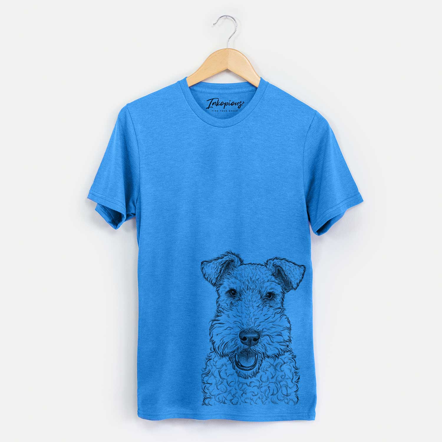 Hand-drawn sketch of Ted the Wire Fox Terrier on a Blue Unisex crewneck