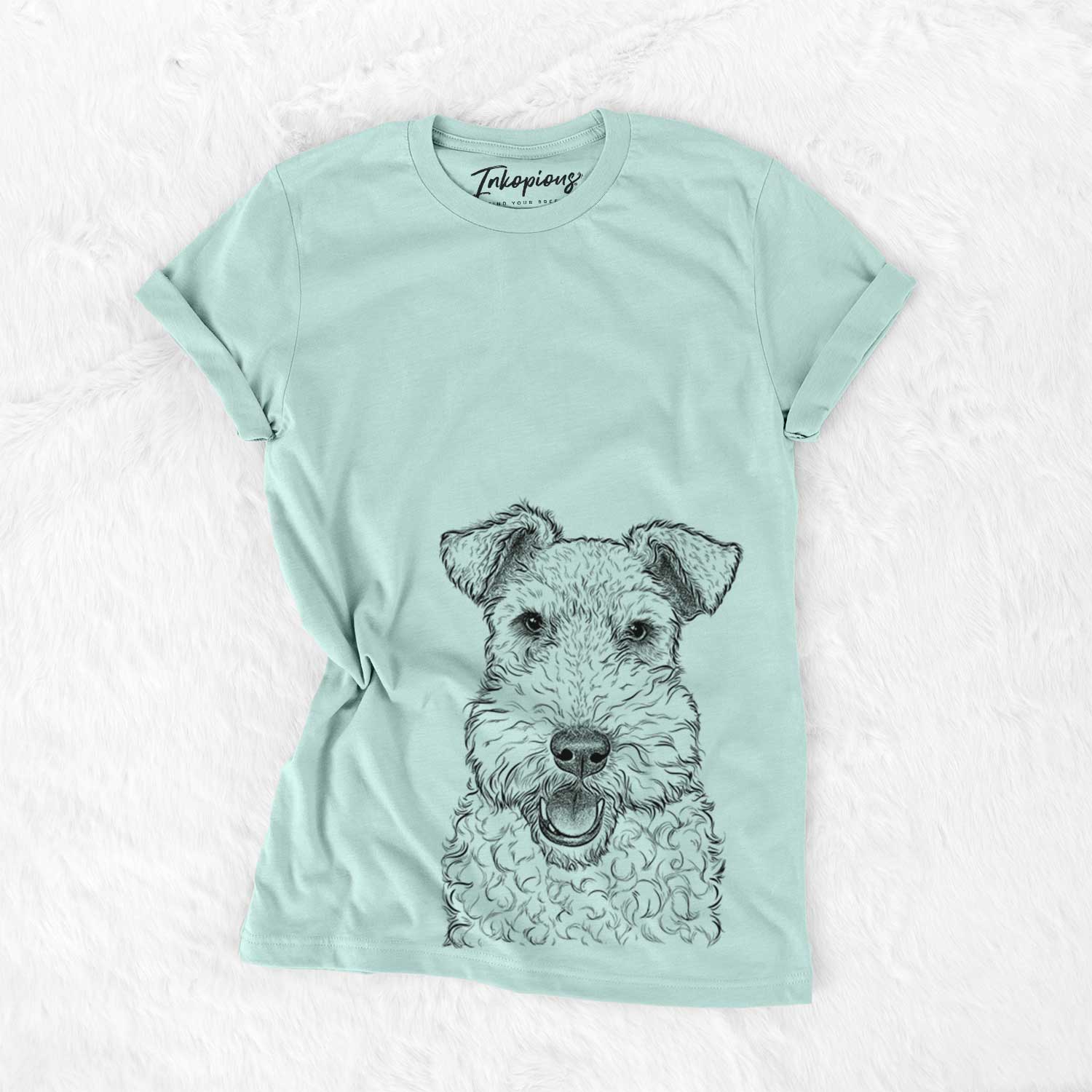 Hand-drawn sketch of Ted the Wire Fox Terrier on a Heather Sage Bella Canvas Unisex Crewneck