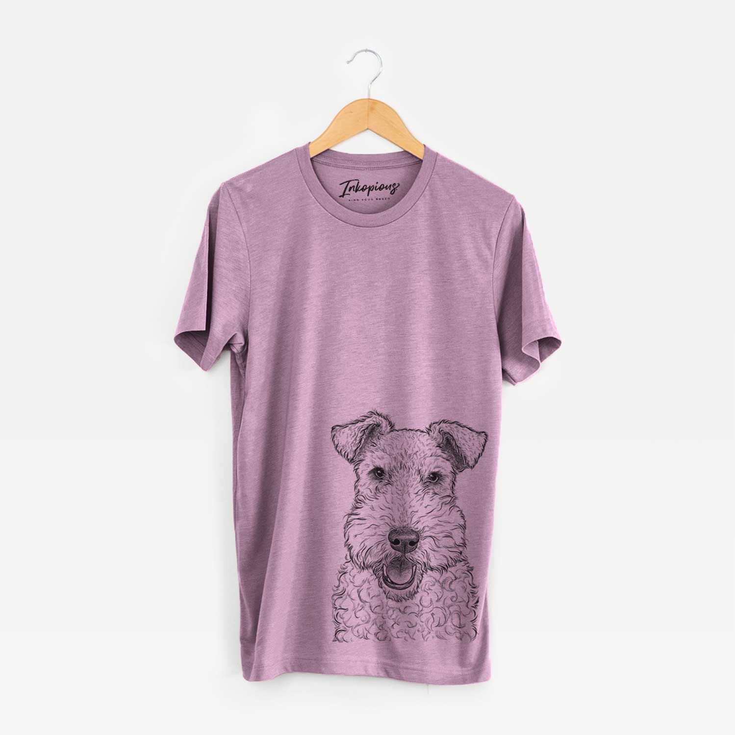 Hand-drawn sketch of Ted the Wire Fox Terrier on an Orchid Bella Canvas Unisex Crewneck