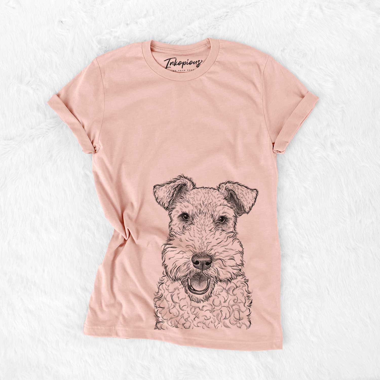 Hand-drawn sketch of Ted the Wire Fox Terrier on a Peach Bella Canvas Unisex Crewneck