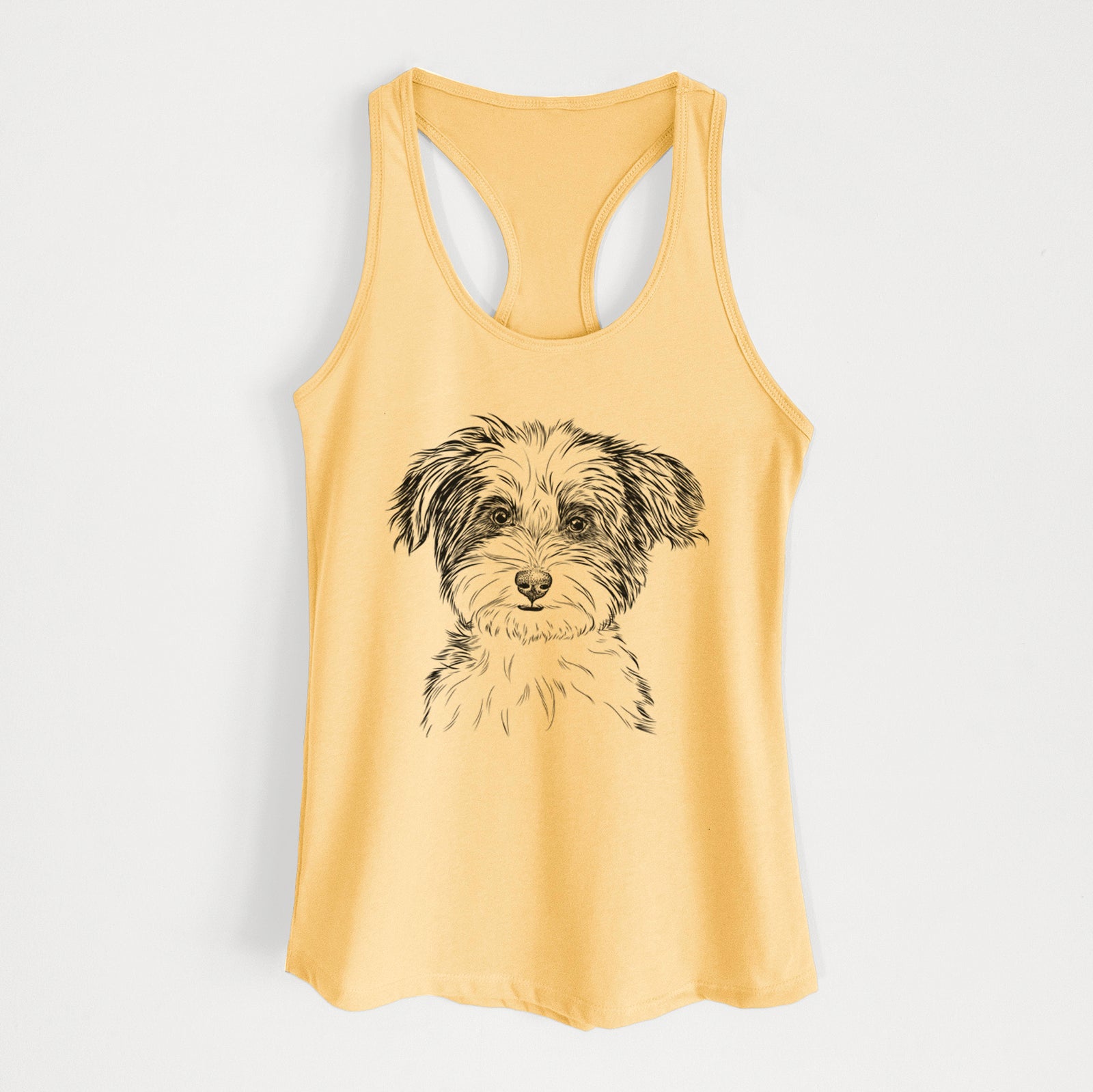 Hand-drawn sketch of Teddy the Havanese on a Banana Cream Women's racerback tanktop