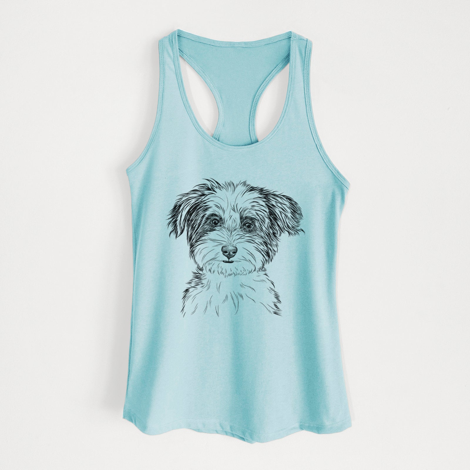Hand-drawn sketch of Teddy the Havanese on a Cancun Blue Women's racerback tanktop