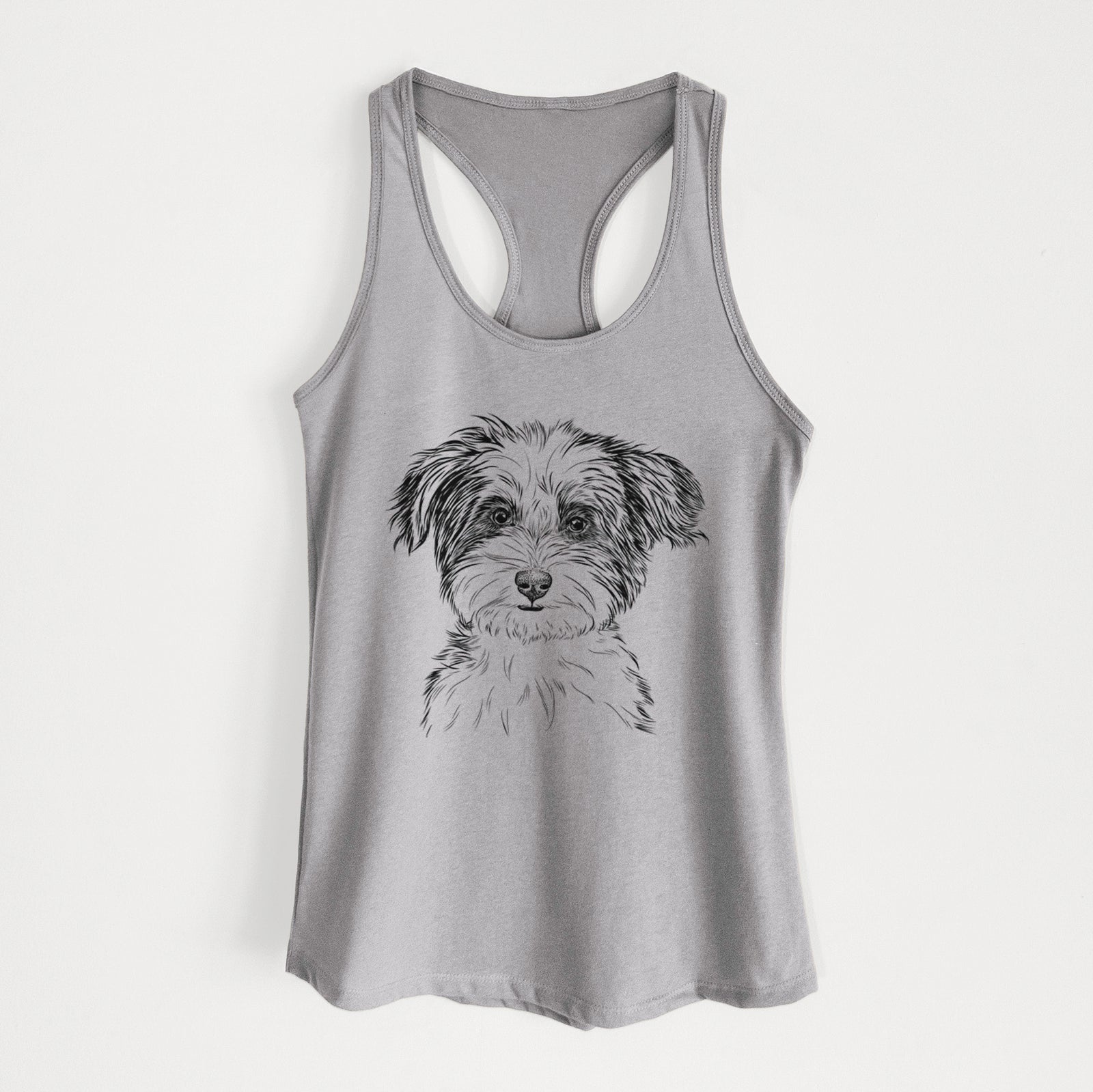 Hand-drawn sketch of Teddy the Havanese on a Heather Grey Women's racerback tanktop