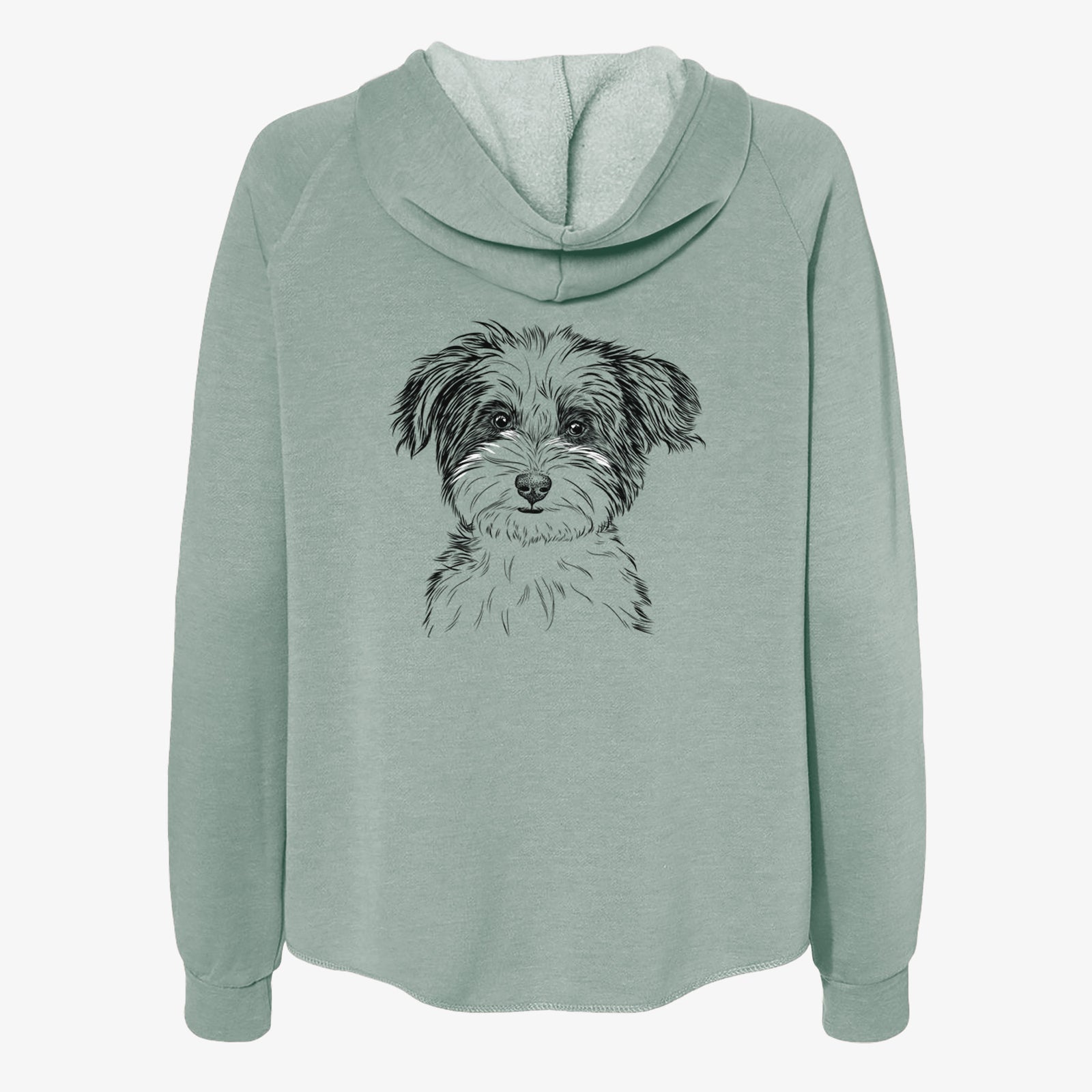 Hand-drawn sketch of Teddy the Havanese on a Sage Women's cali wave zip-up sweatshirt