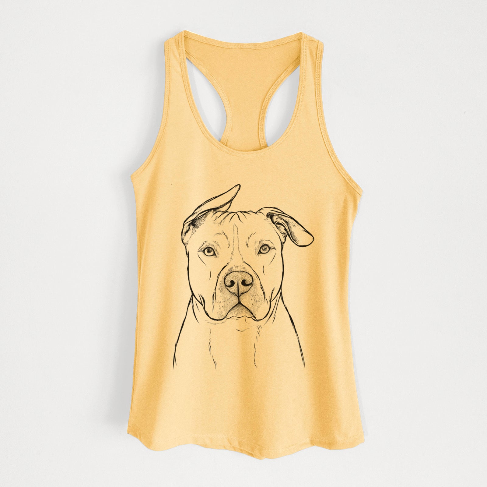Hand-drawn sketch of Teddy Jam the Pitbull on a Banana Cream Women's racerback tanktop