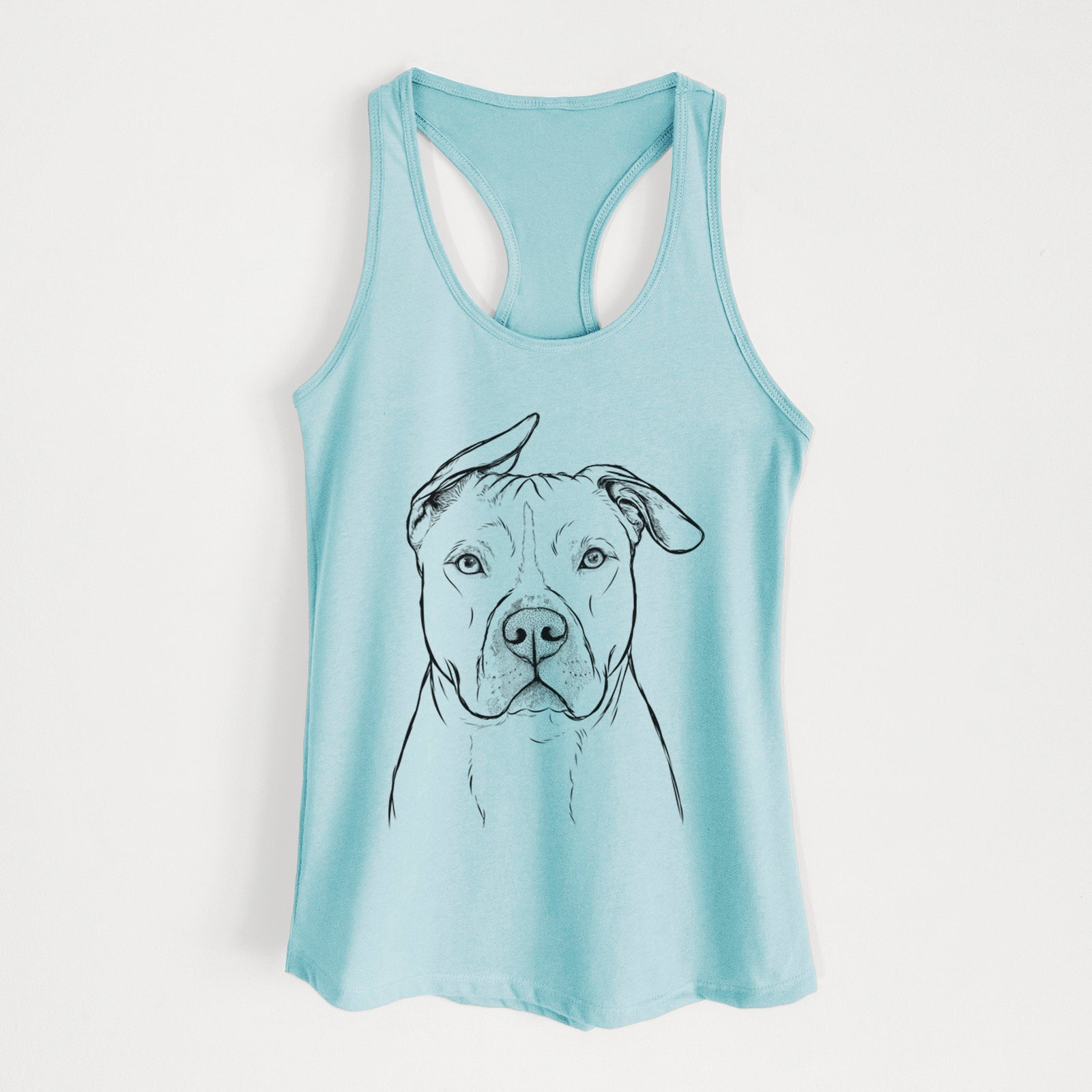 Hand-drawn sketch of Teddy Jam the Pitbull on a Cancun Blue Women's racerback tanktop