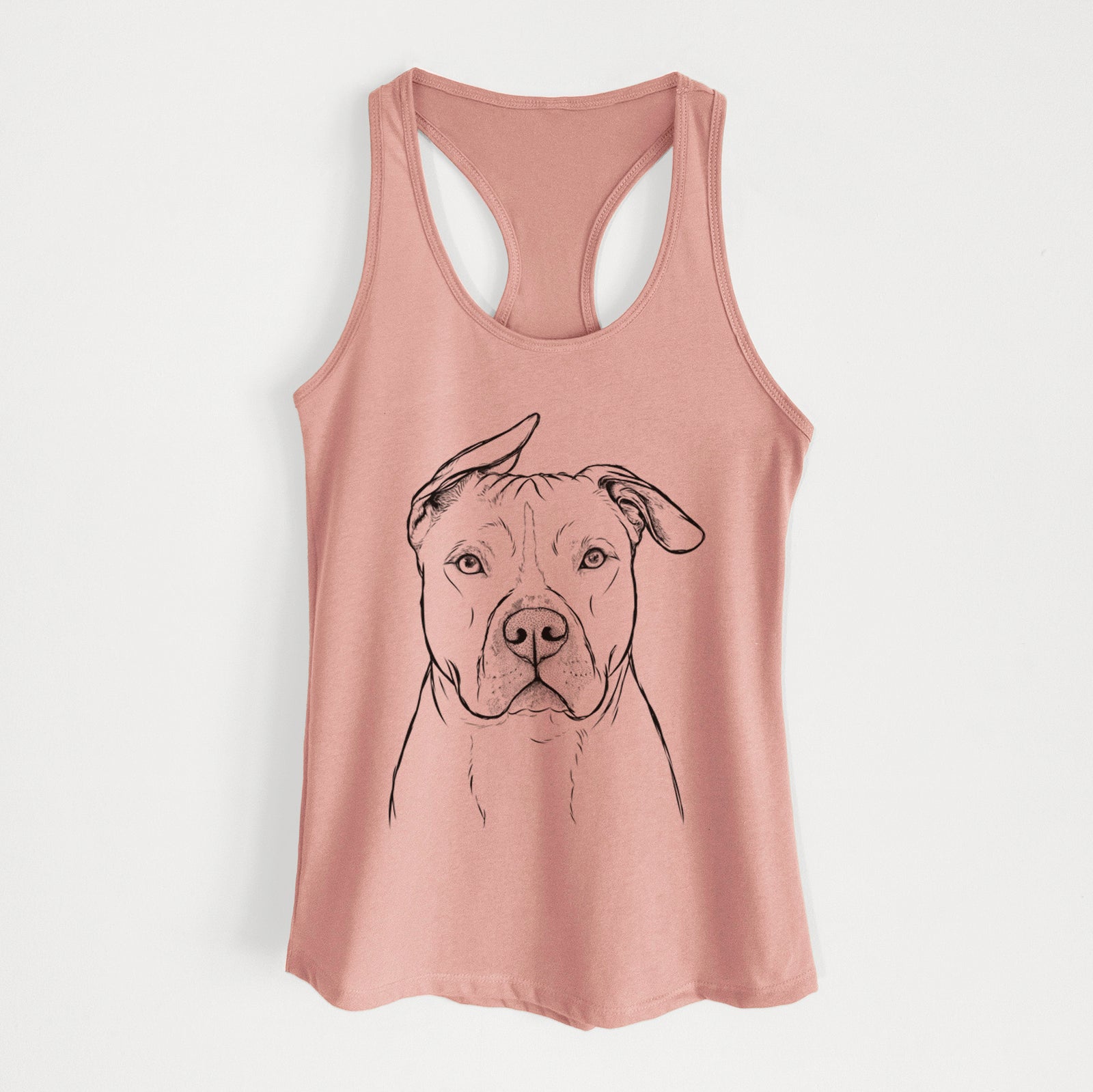 Hand-drawn sketch of Teddy Jam the Pitbull on a Desert Pink Women's racerback tanktop