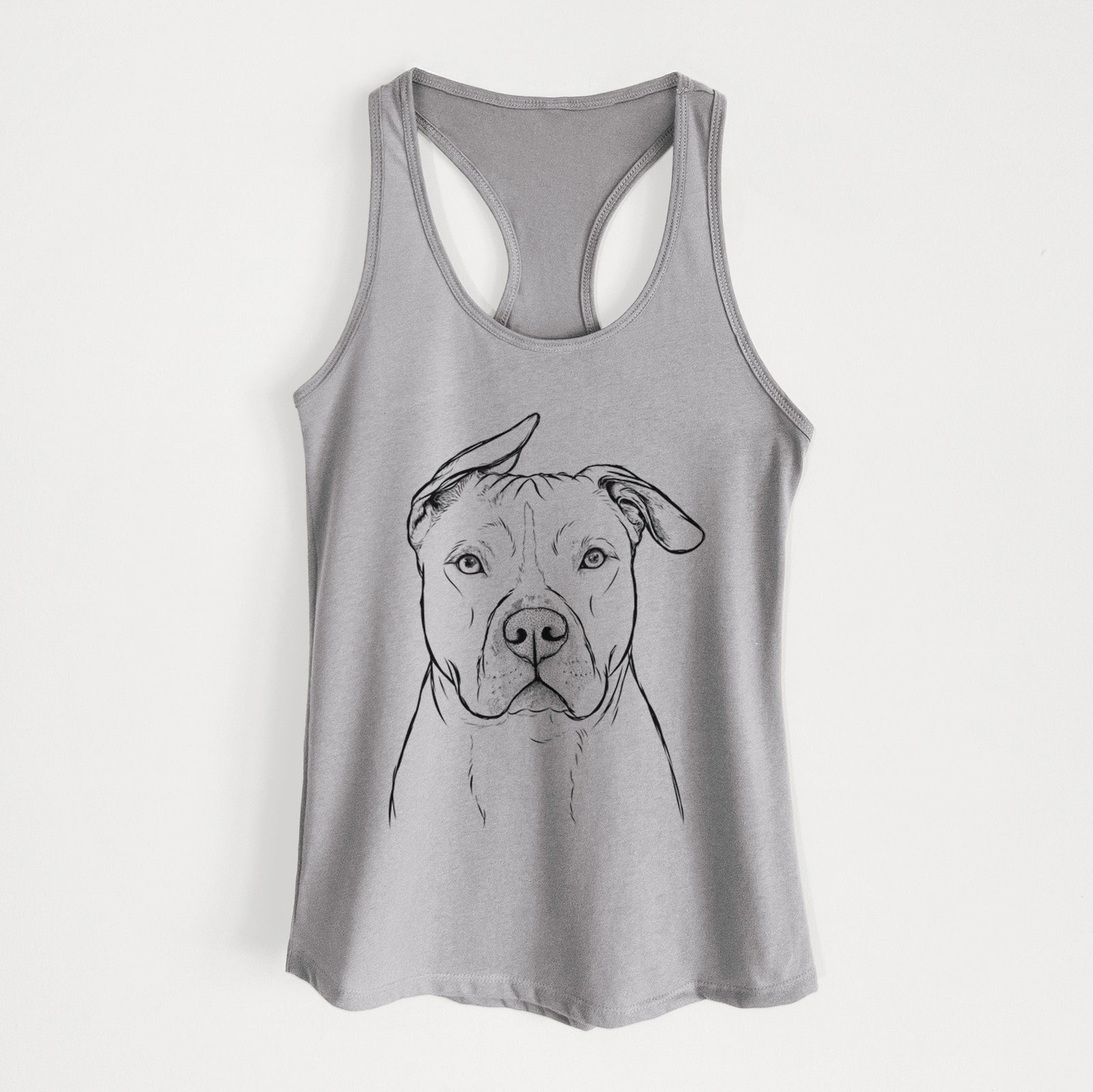 Hand-drawn sketch of Teddy Jam the Pitbull on a Heather Grey Women's racerback tanktop